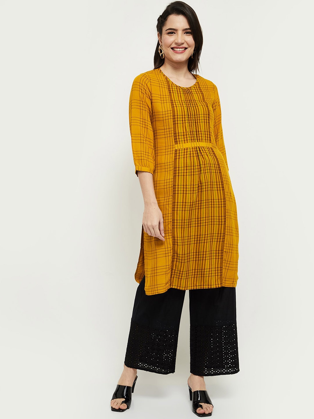 

max Women Mustard Yellow & Brown Checked Kurta