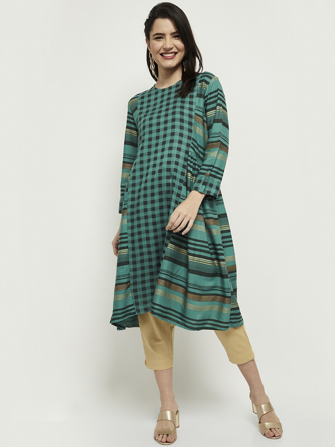 

max Women Green & Black Checked Kurta