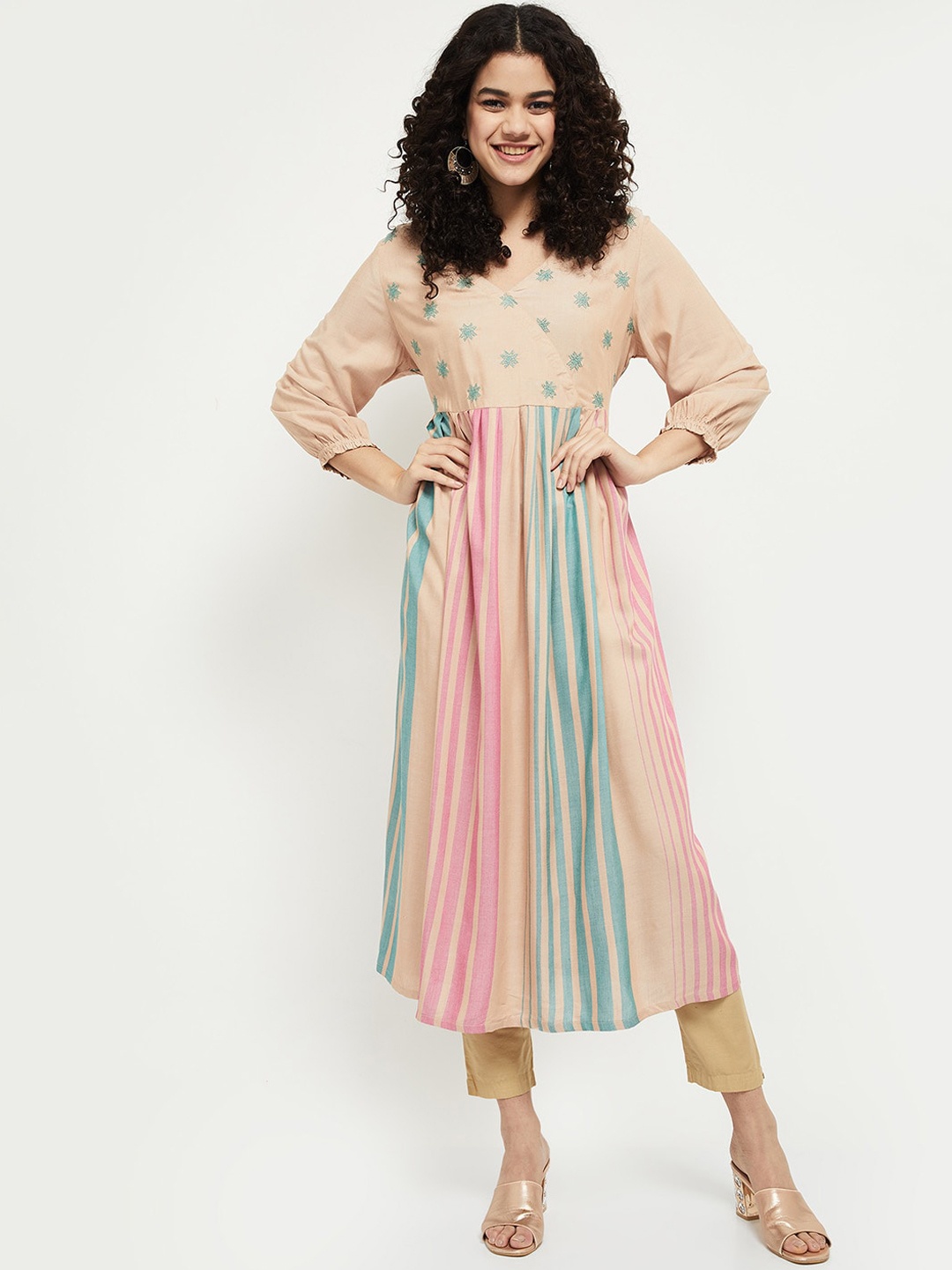 

max Women Beige & Pink Striped Thread Work Kurta