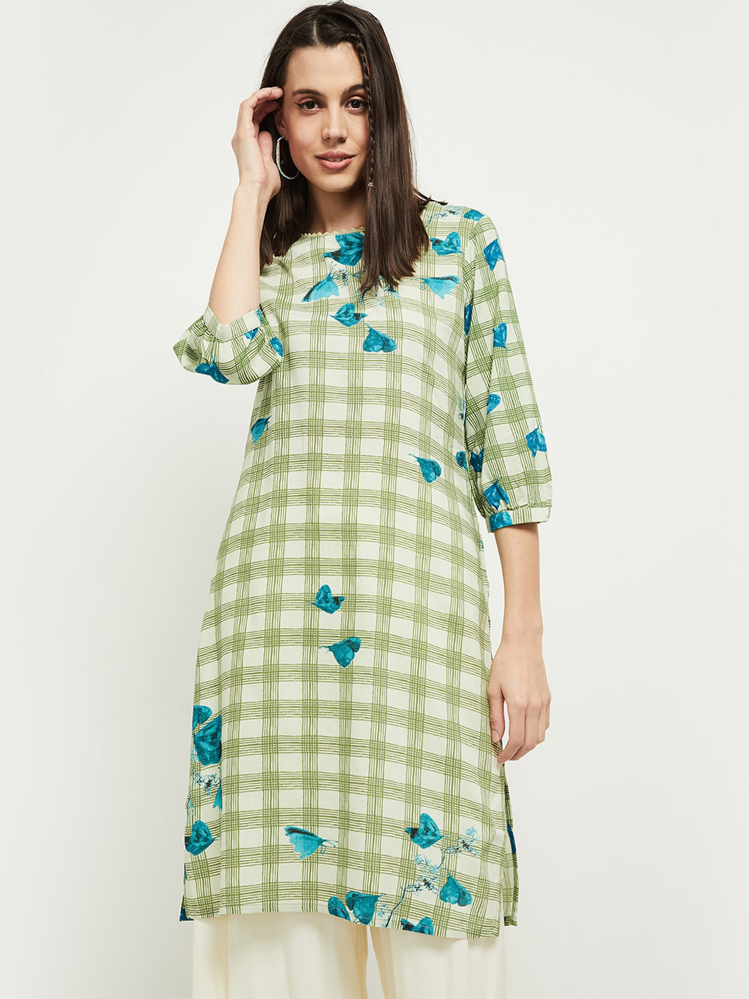 

max Women Green & Blue Checked Kurta