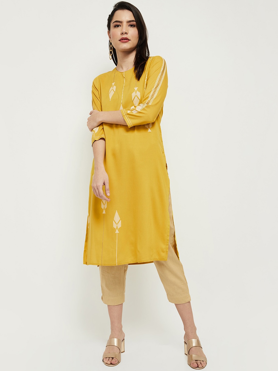 

max Women Mustard Yellow Geometric Printed Kurta