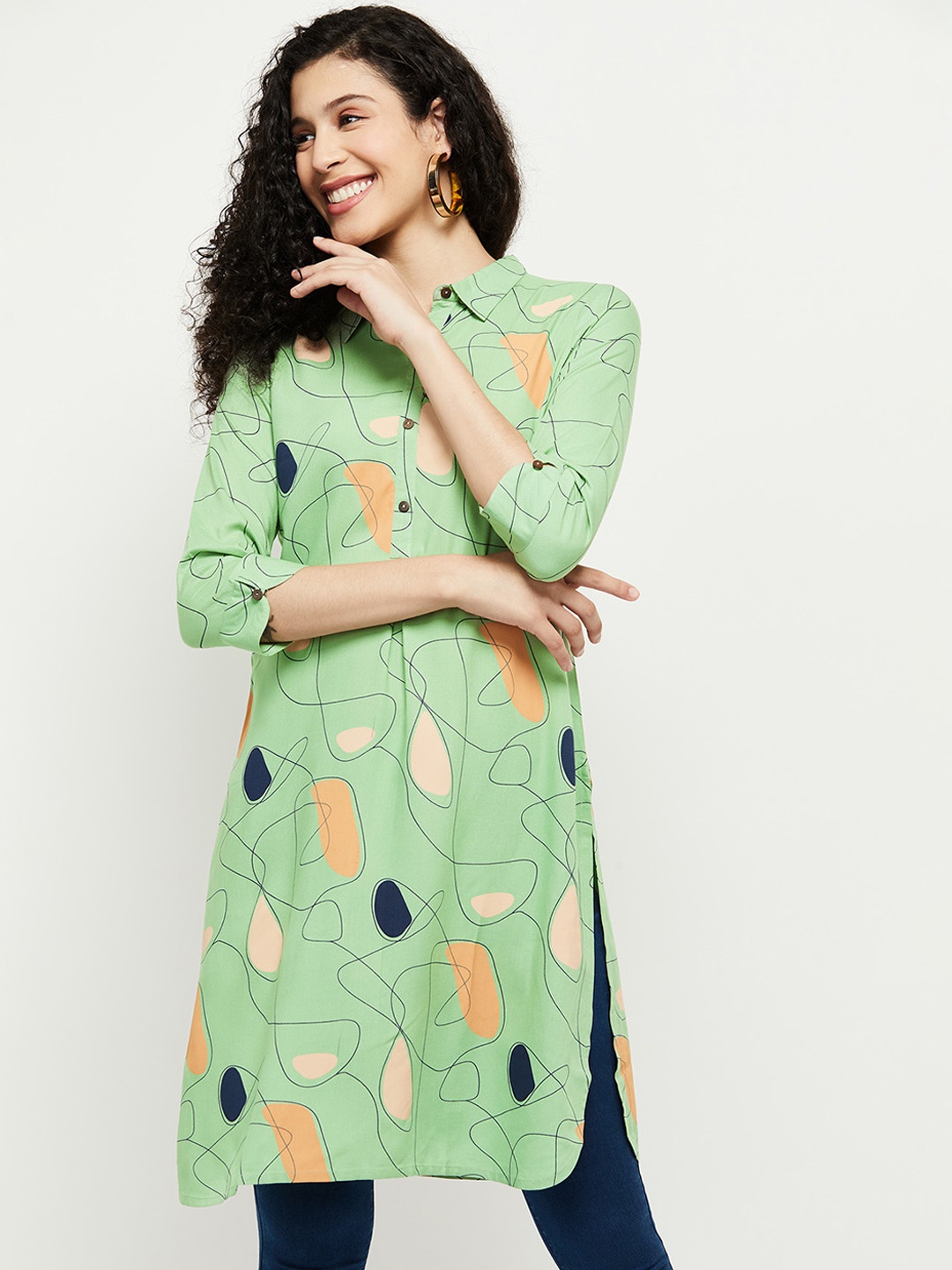

max Women Green & Peach-Coloured Printed Kurta