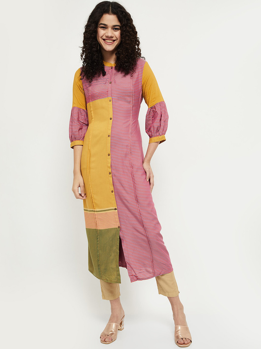 

max Women Mustard Yellow & Pink Colourblocked Kurta