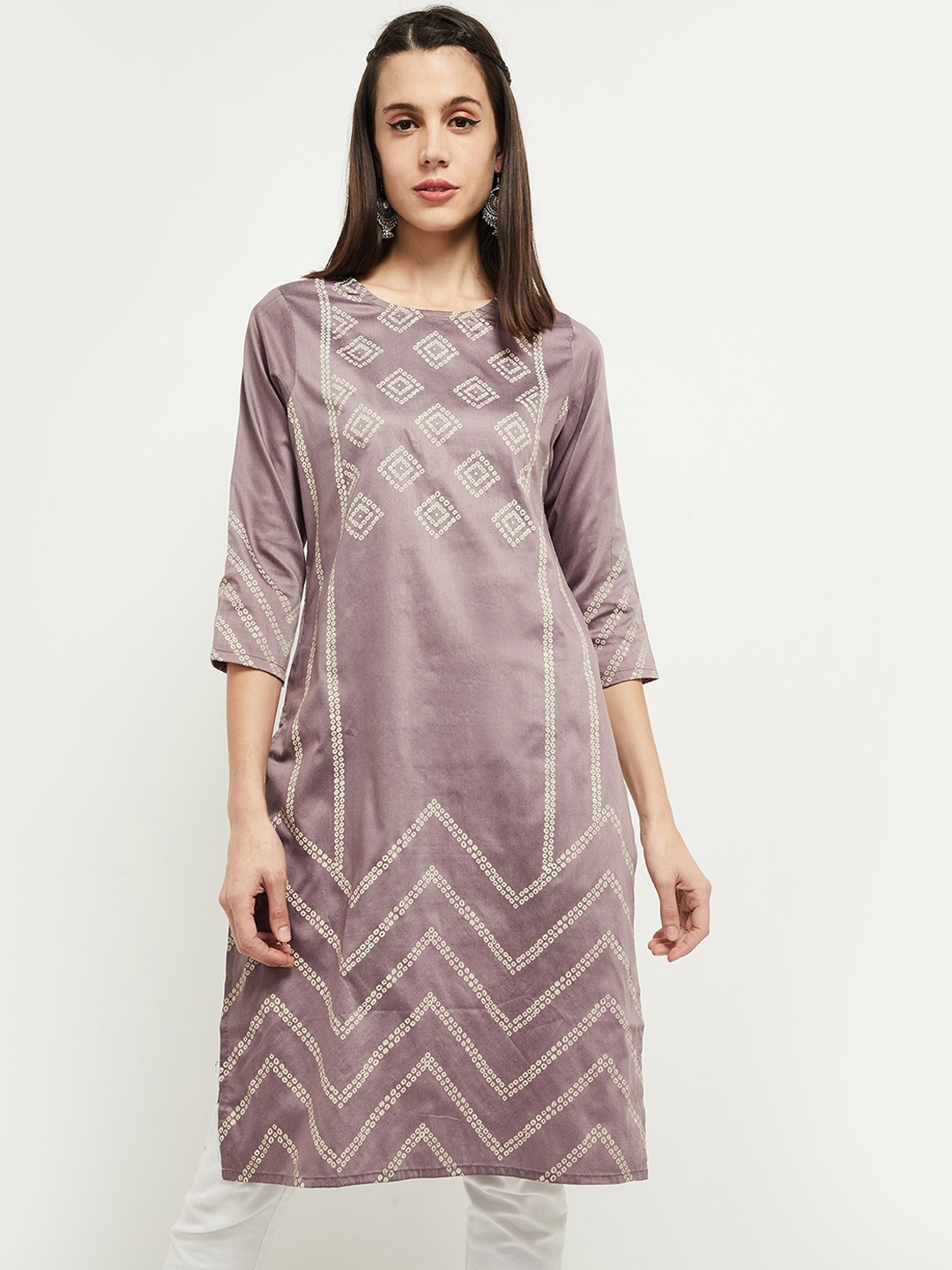

max Women Purple & Off White Bandhani Printed Kurta