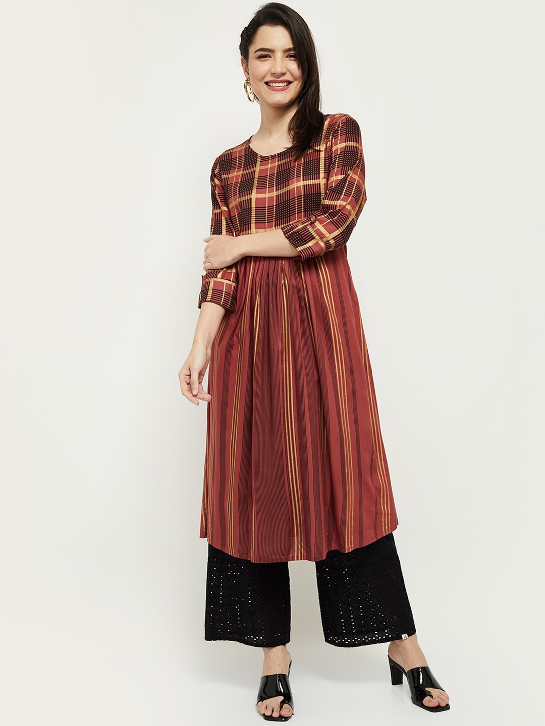 

max Women Rust & Black Checked Kurta