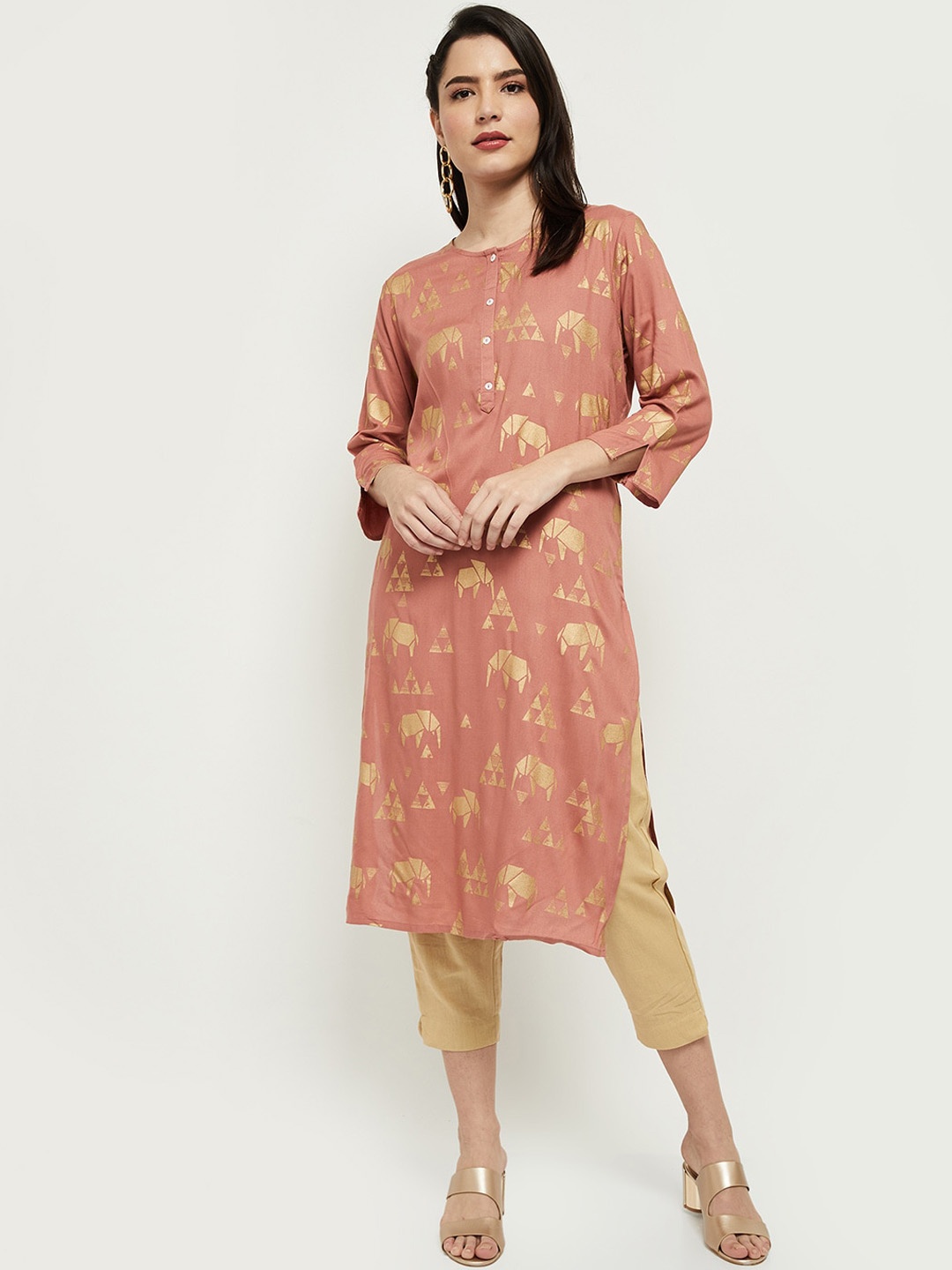 

max Women Taupe Geometric Printed Kurta