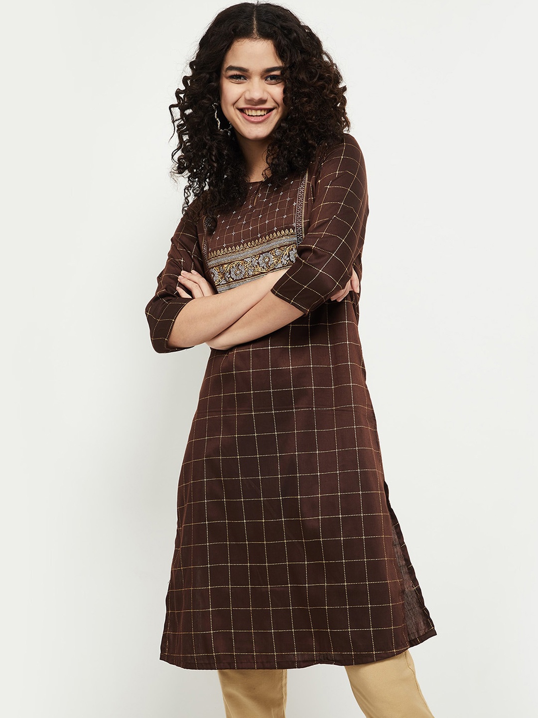 

max Women Brown Checked Keyhole Neck Kurta