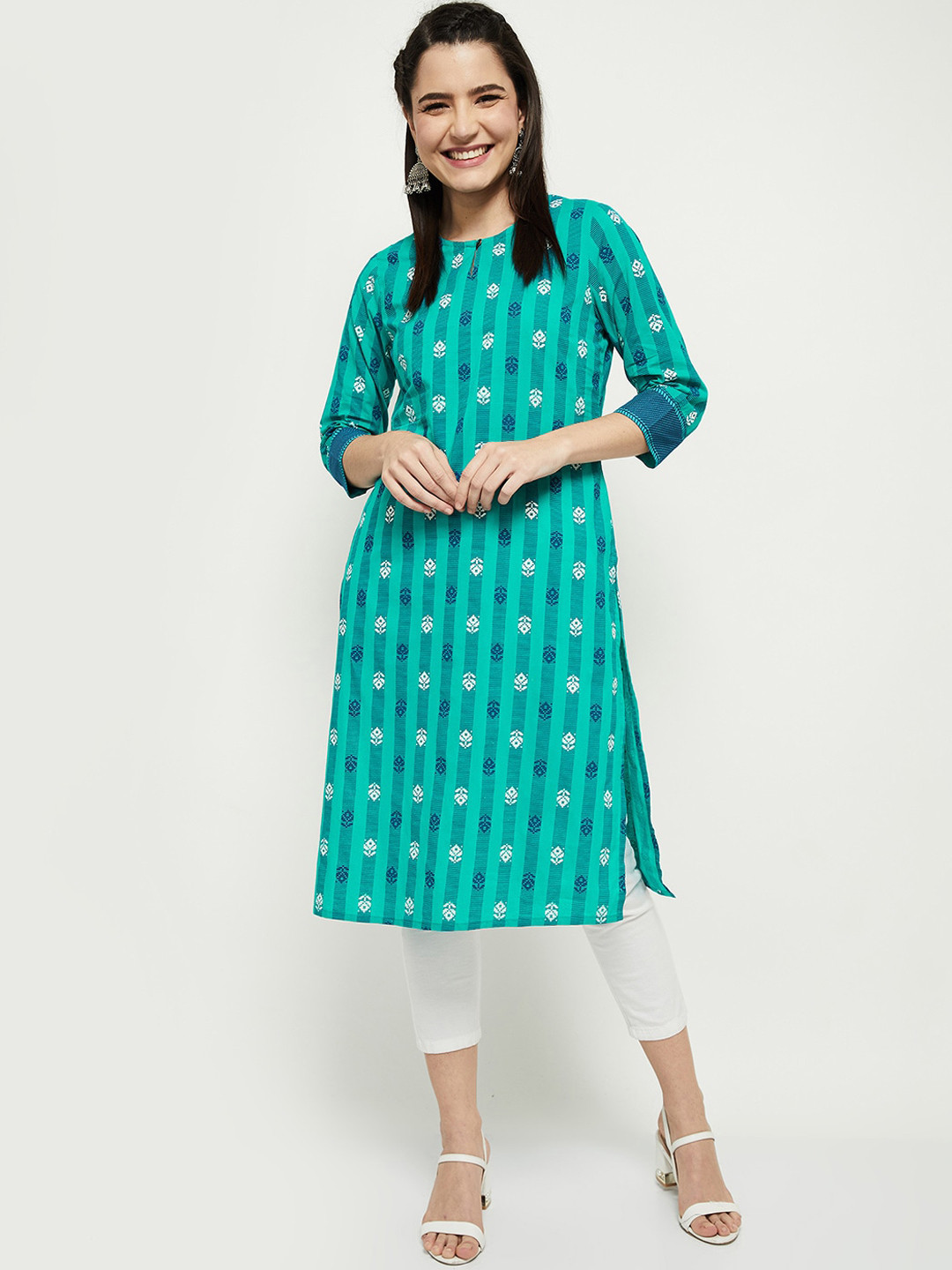 

max Women Green & White Ethnic Motifs Printed Kurta