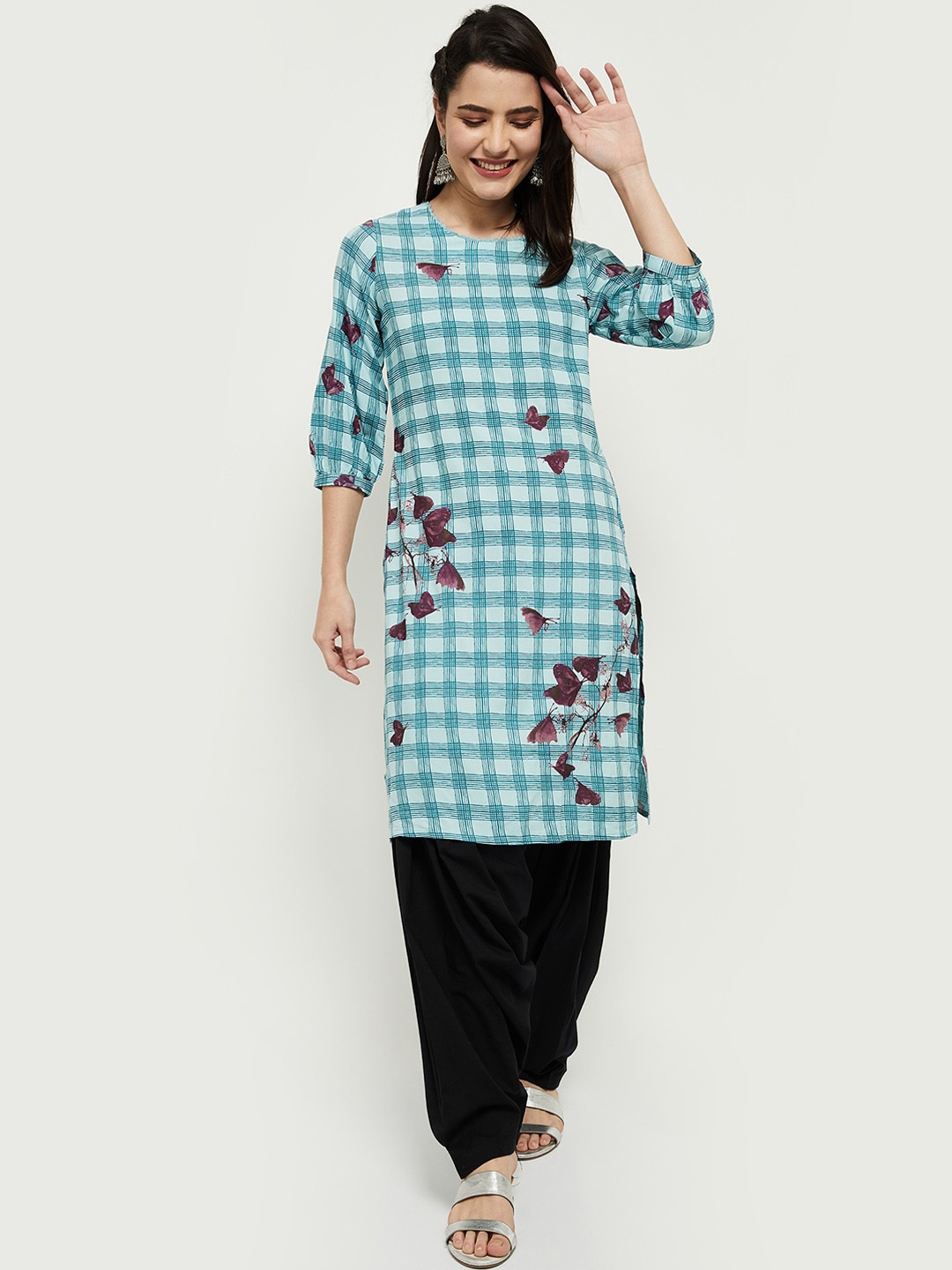 

max Women Blue & Burgundy Checked Kurta