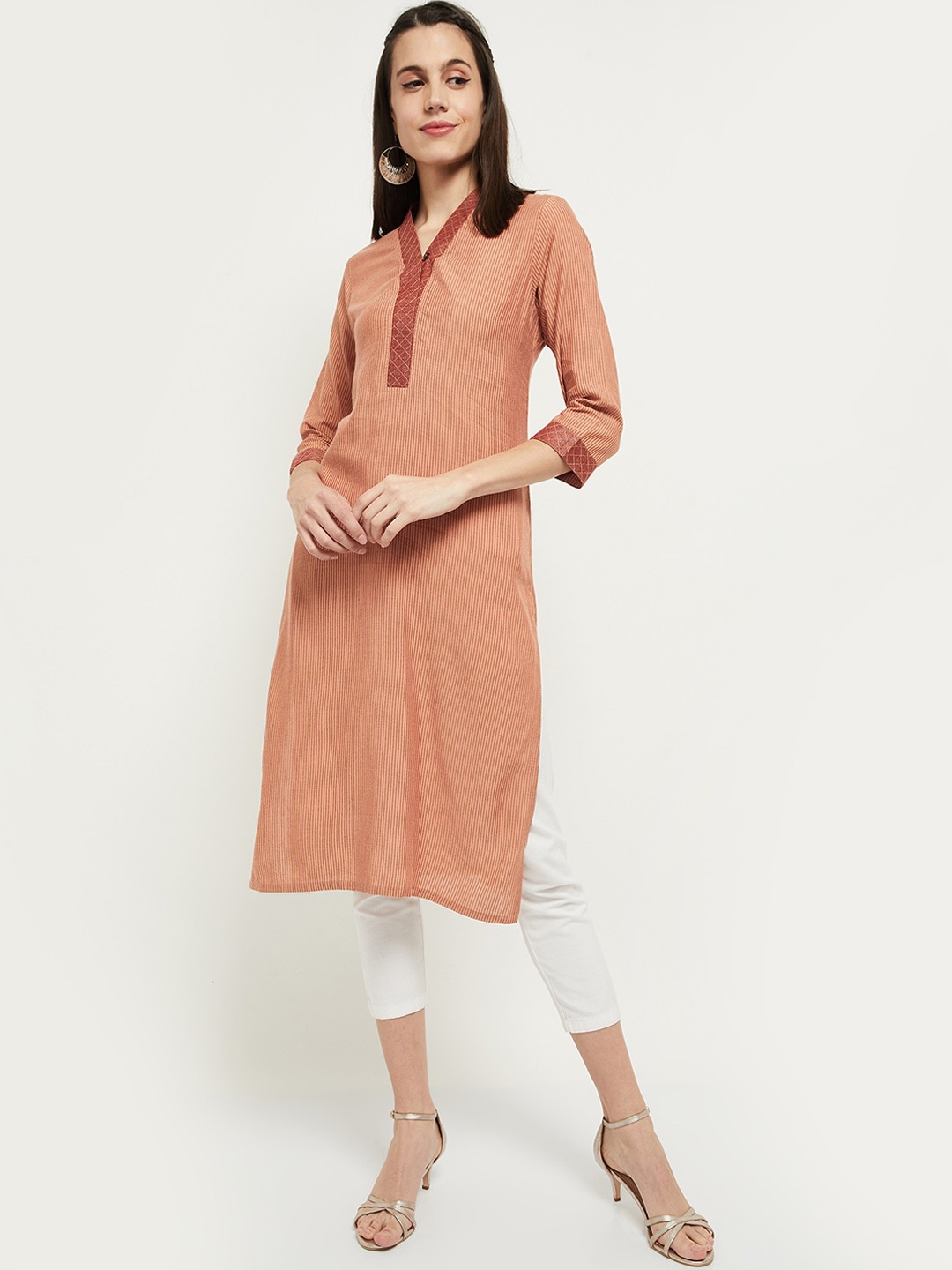 

max Women Peach-Coloured Striped Kurta