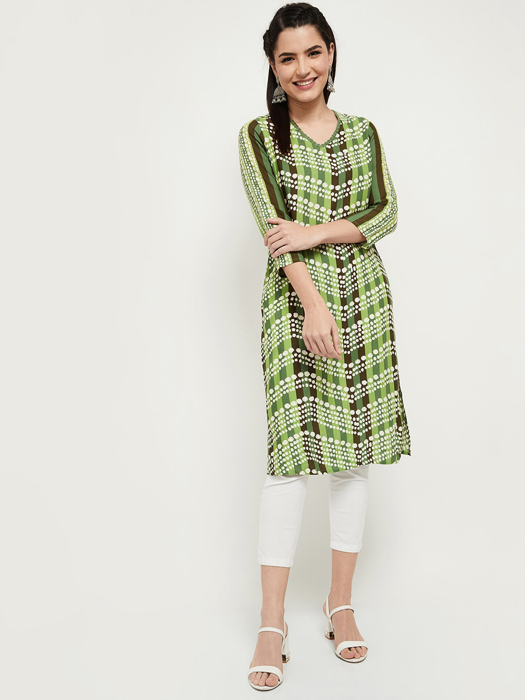 

max Women Green & Off White Printed Kurta