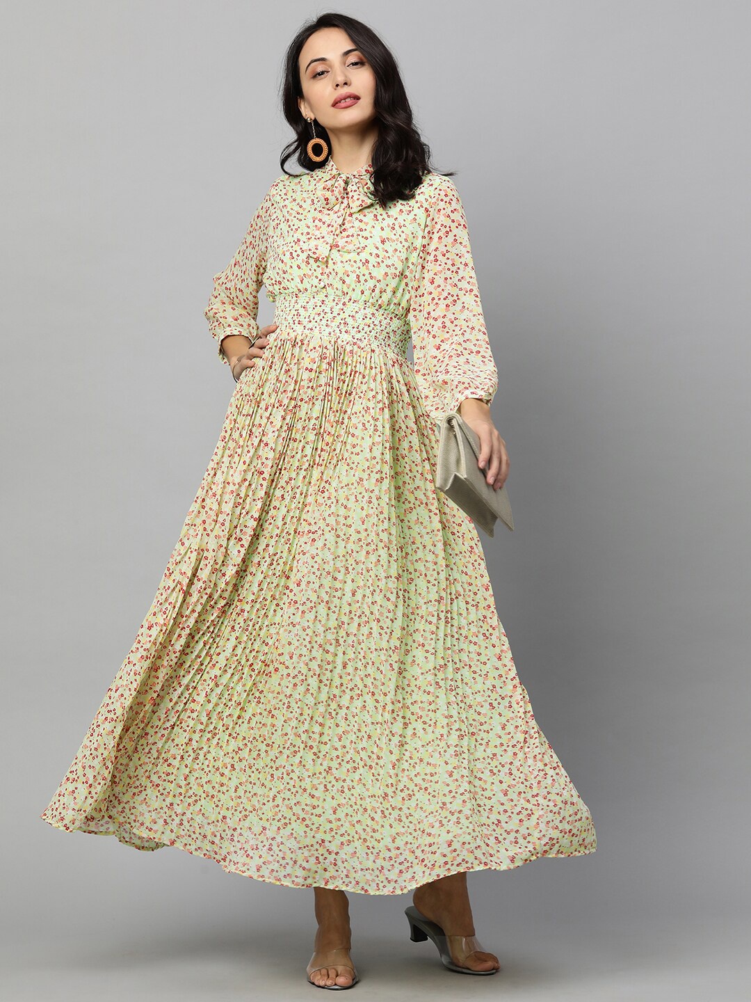 

FASHOR Green & Red Floral Tie-Up Neck Georgette Maxi Dress
