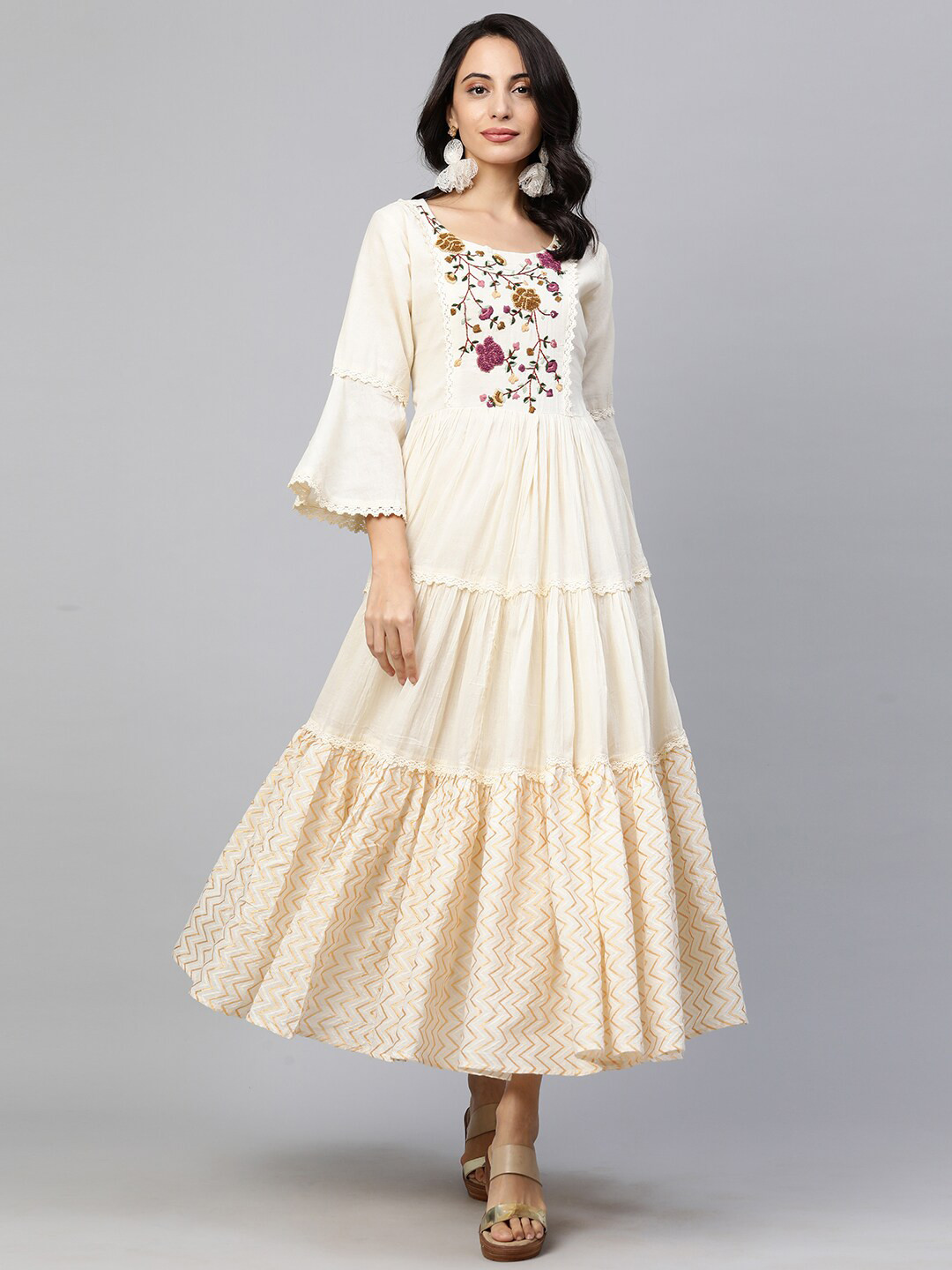 

FASHOR Off White Floral Embroidered Ethnic Maxi Dress