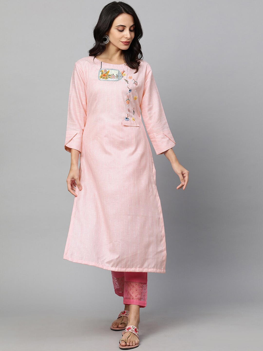 

FASHOR Women Pink Striped Thread Work Kurta