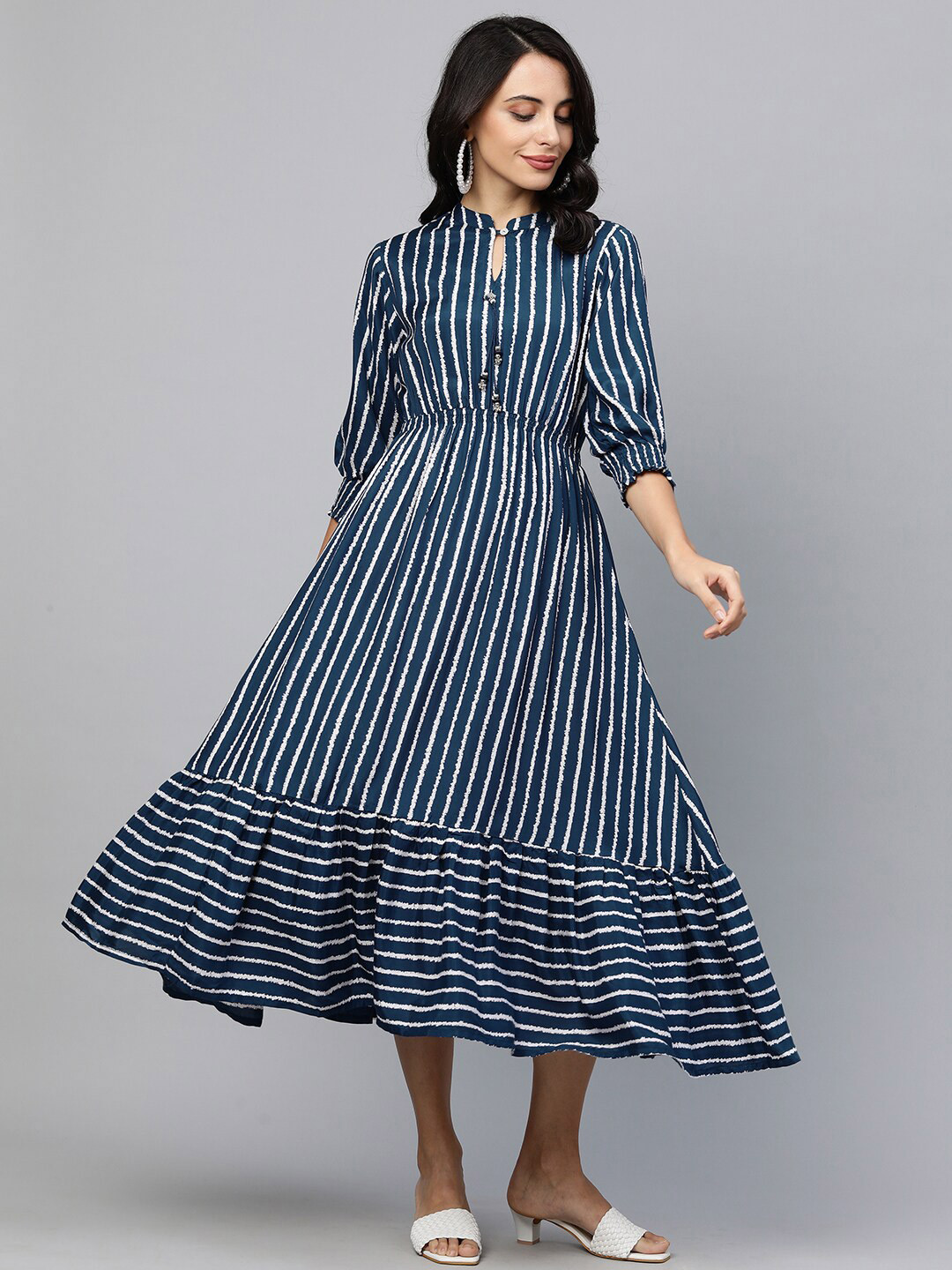 

FASHOR Navy Blue & White Striped A-Line Midi Dress