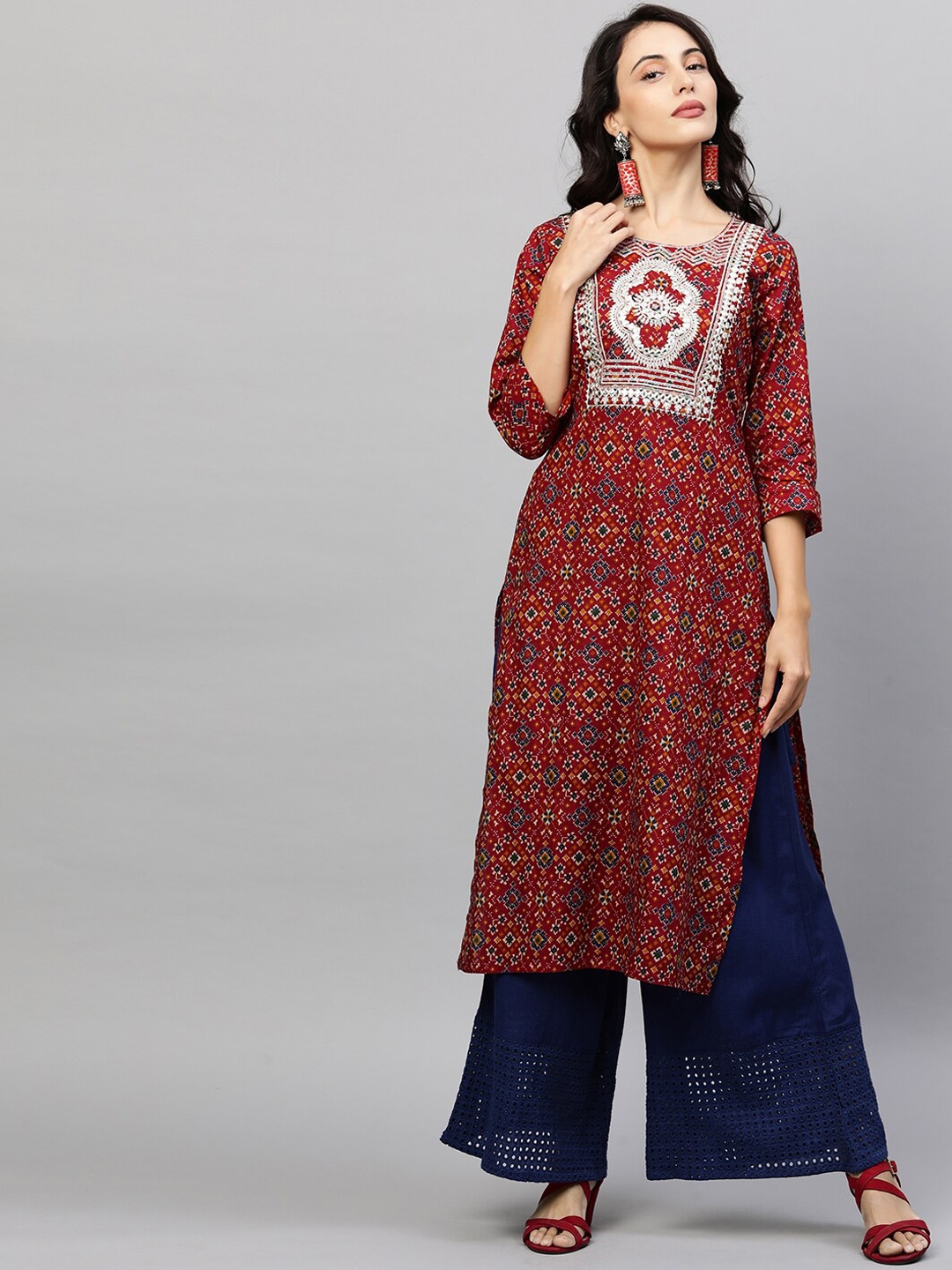 

FASHOR Women Red Ethnic Motifs Printed Thread Work Kurta