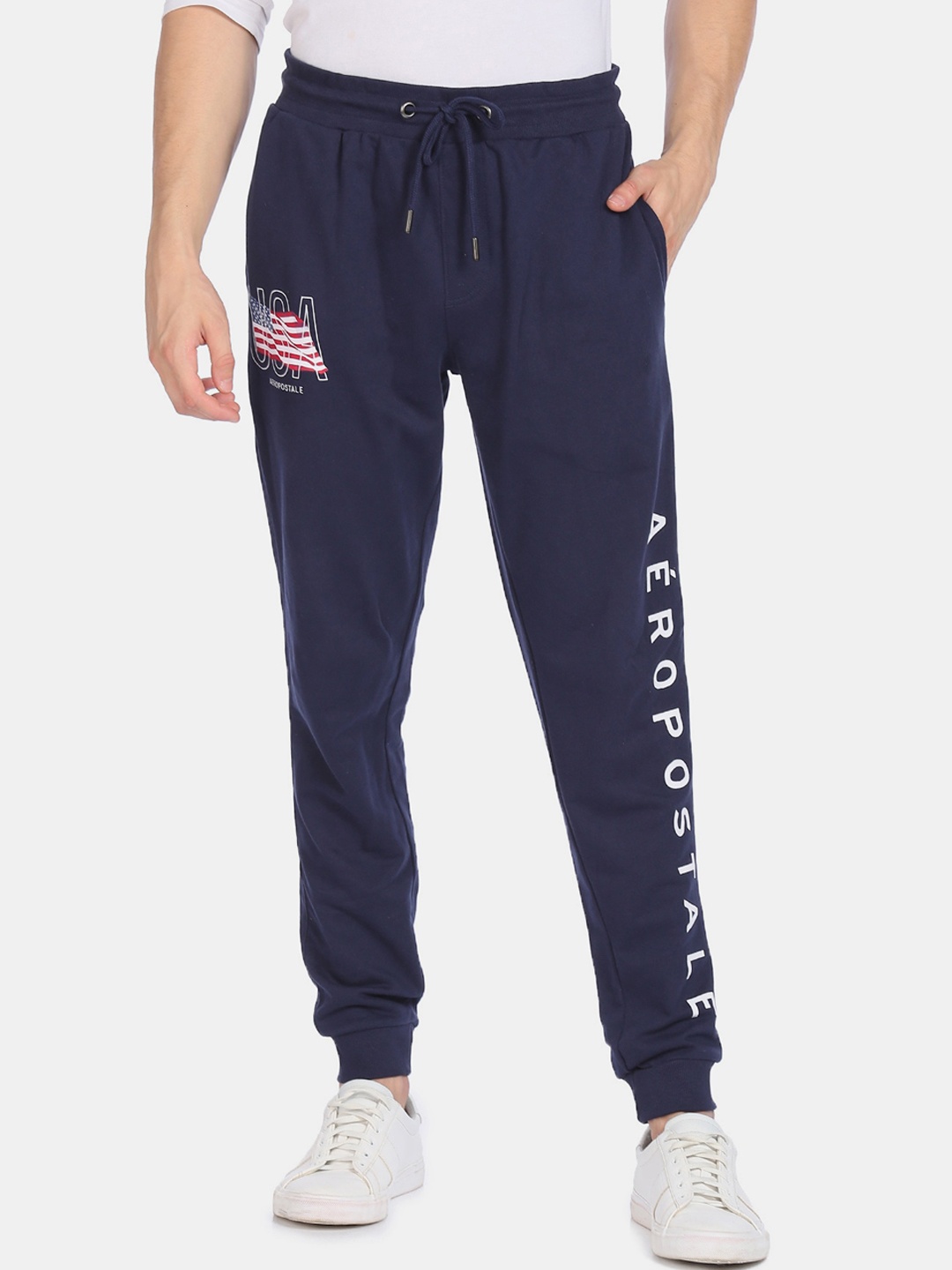 

Aeropostale Men Blue & White Printed Pure Cotton Straight-Fit Joggers