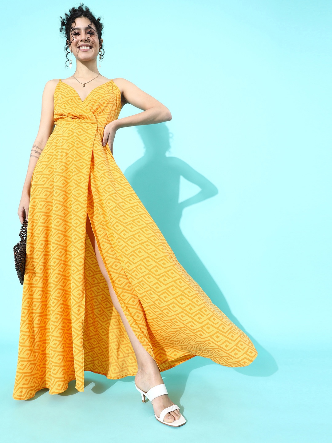 

Berrylush Yellow Crepe Maxi Dress