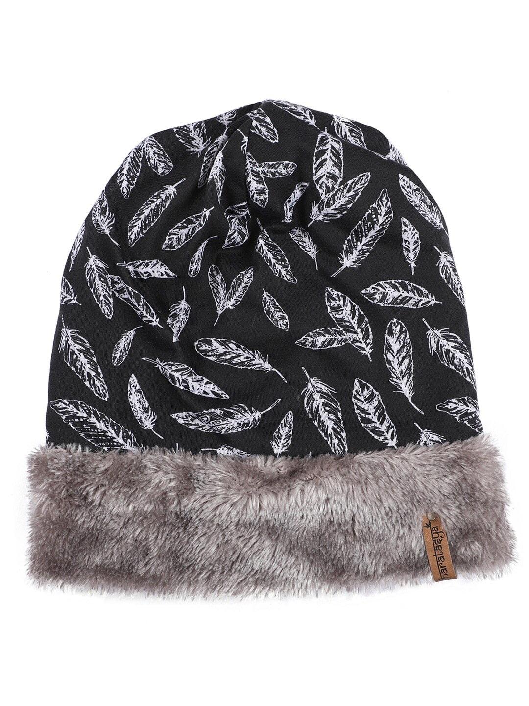 

Bharatasya Women Black & Grey Printed Fur Beanie Cap