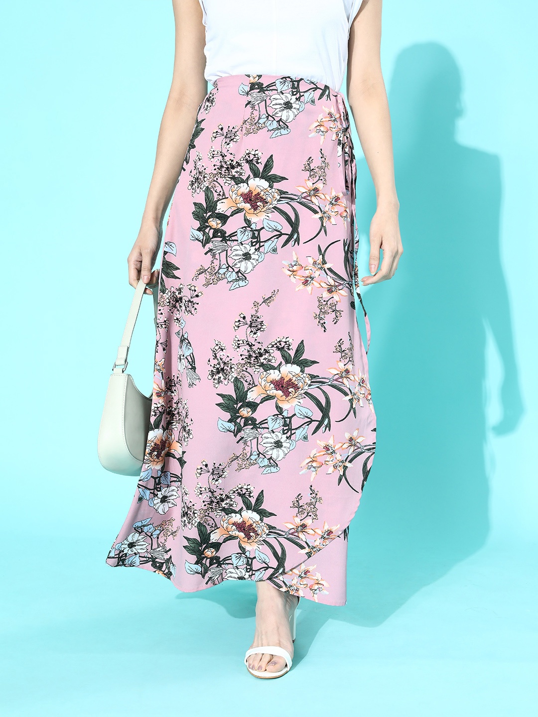 

Berrylush Multicoloured Floral Printed Polyester Crepe Casual Flared Maxi Wrap Skirt, Multi