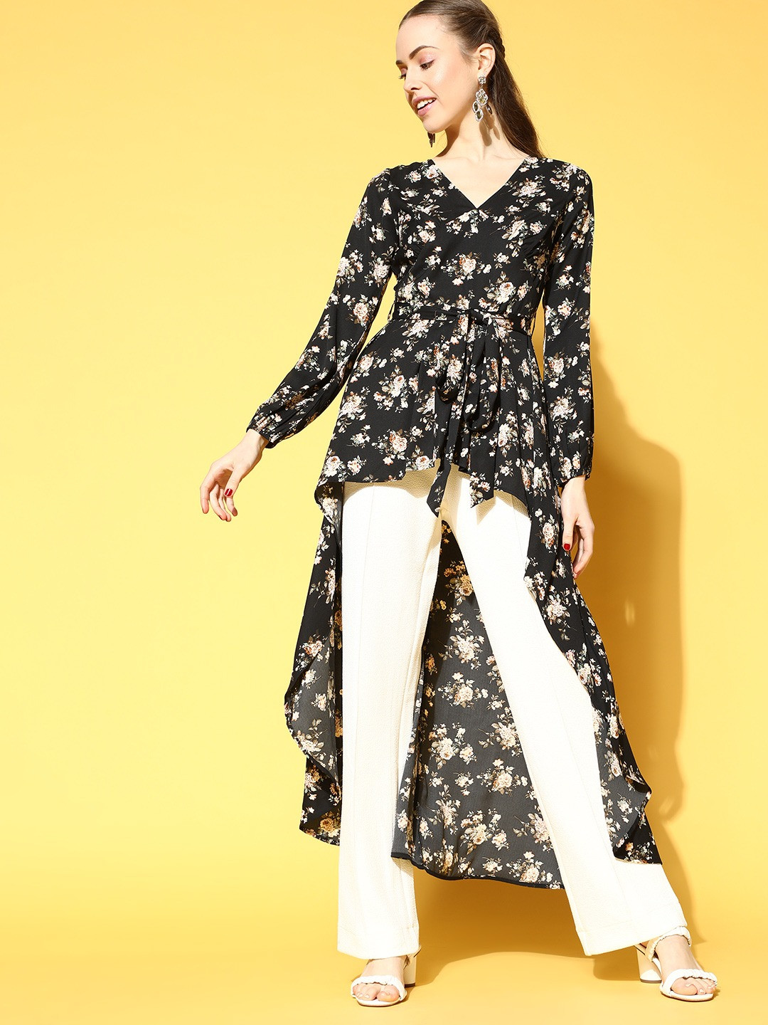 

Berrylush Black & Peach Floral Print V Neck Bishop Sleeves Polyester High-Low Longline Top