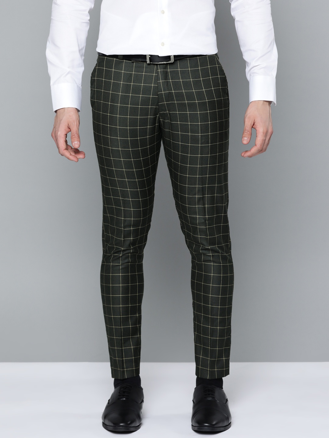 

DENNISON Men Green & Yellow Checked Smart Tapered Fit Formal Trousers