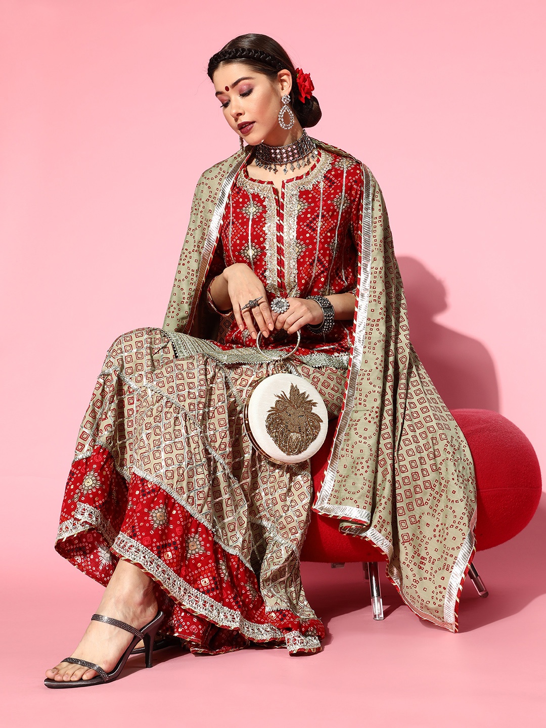 

Ishin Olive Green & Gold Bandhani Indie Print Gotta Patti Straight Kurta Sharara & Dupatta