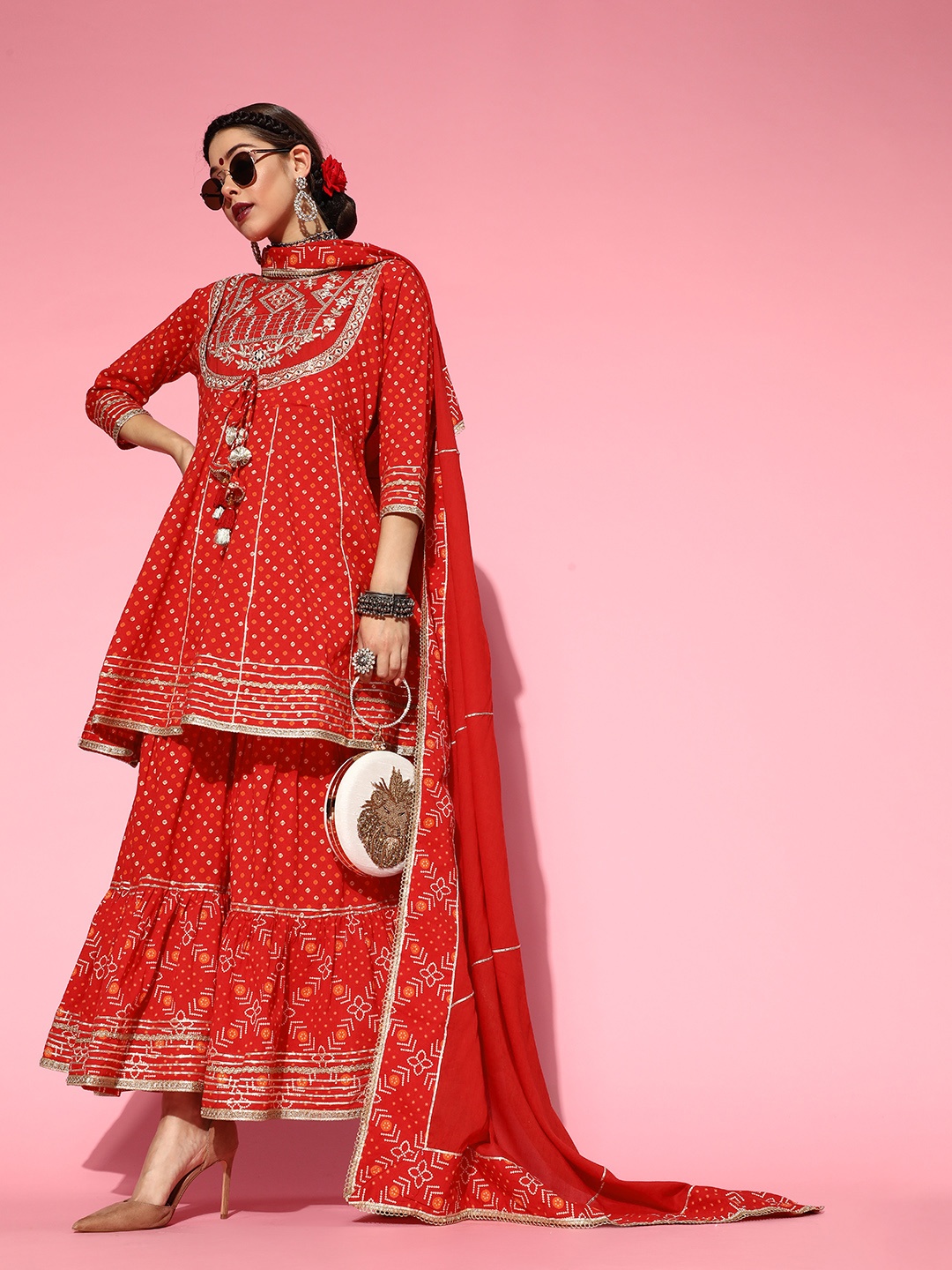 

Ishin Red & White Bandhani Indie Print Panelled Mirror Work A-Line Kurta Sharara & Dupatta