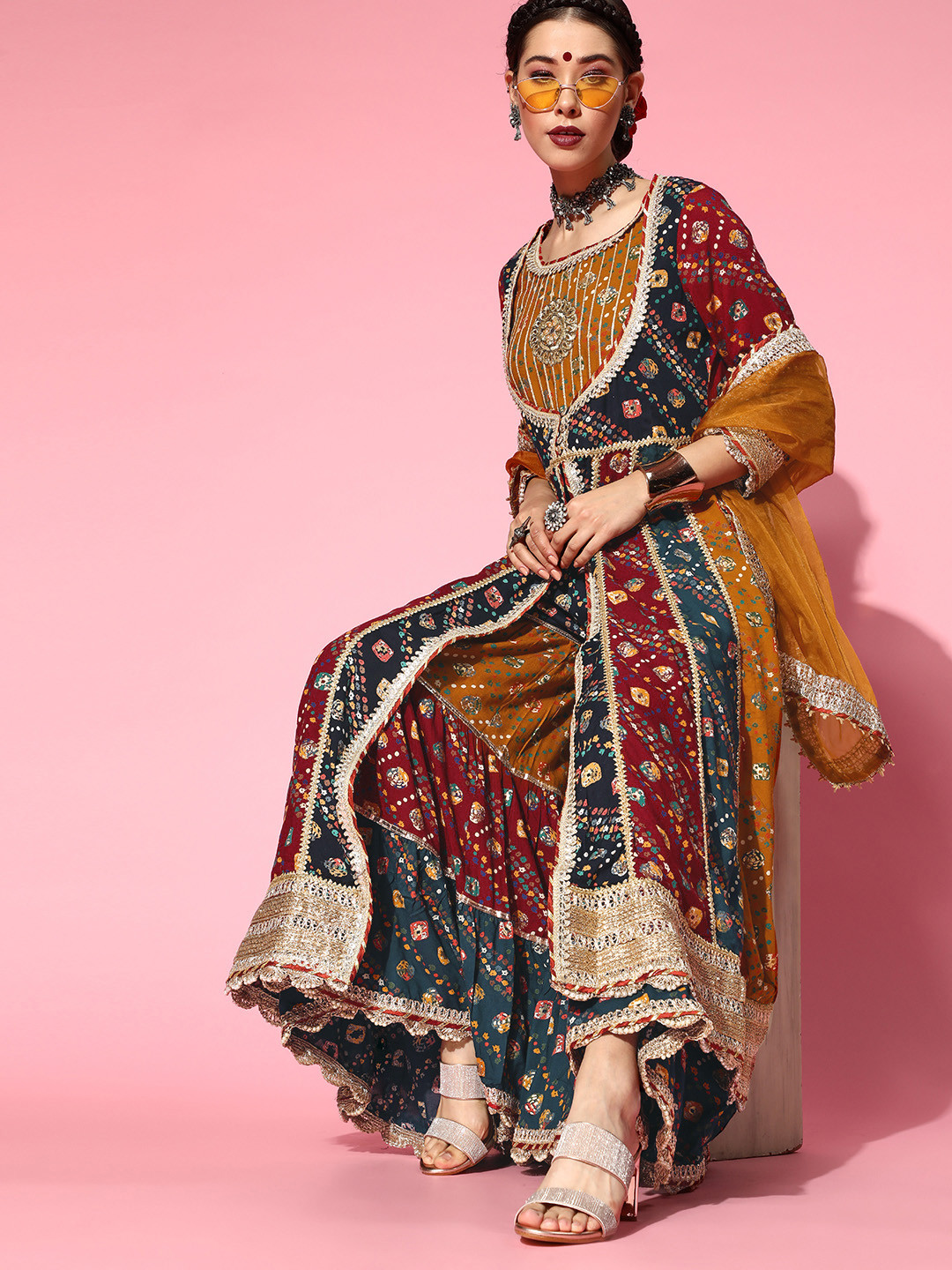 

Ishin Bandhani Kurta with Sharara & Dupatta, Multi