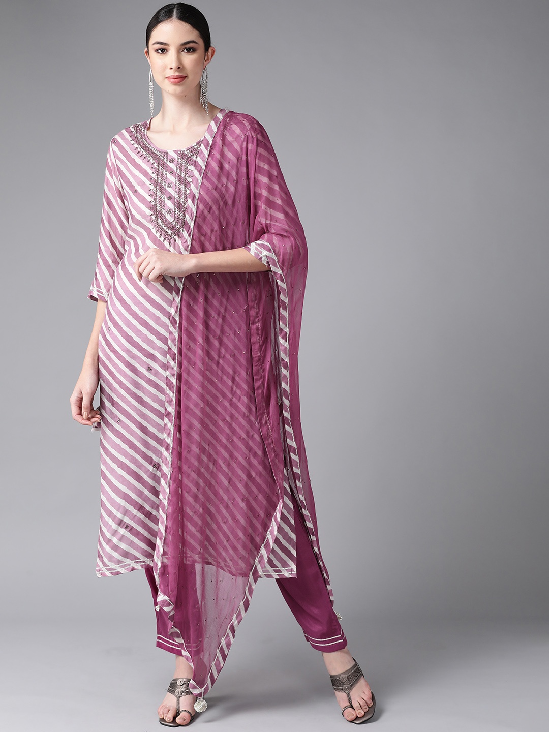 

Ishin Women Purple & White Leheriya Striped Sequinned Kurta with Trousers & With Dupatta