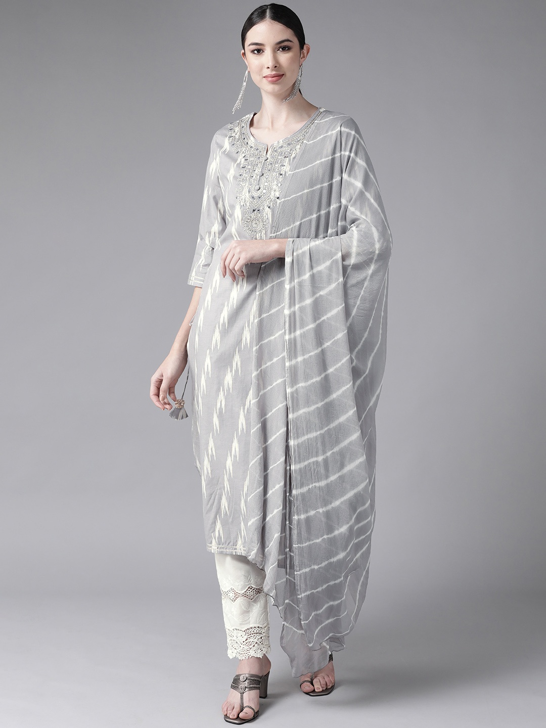 

Ishin Women Grey Embroidered Kurta with Trousers & With Dupatta