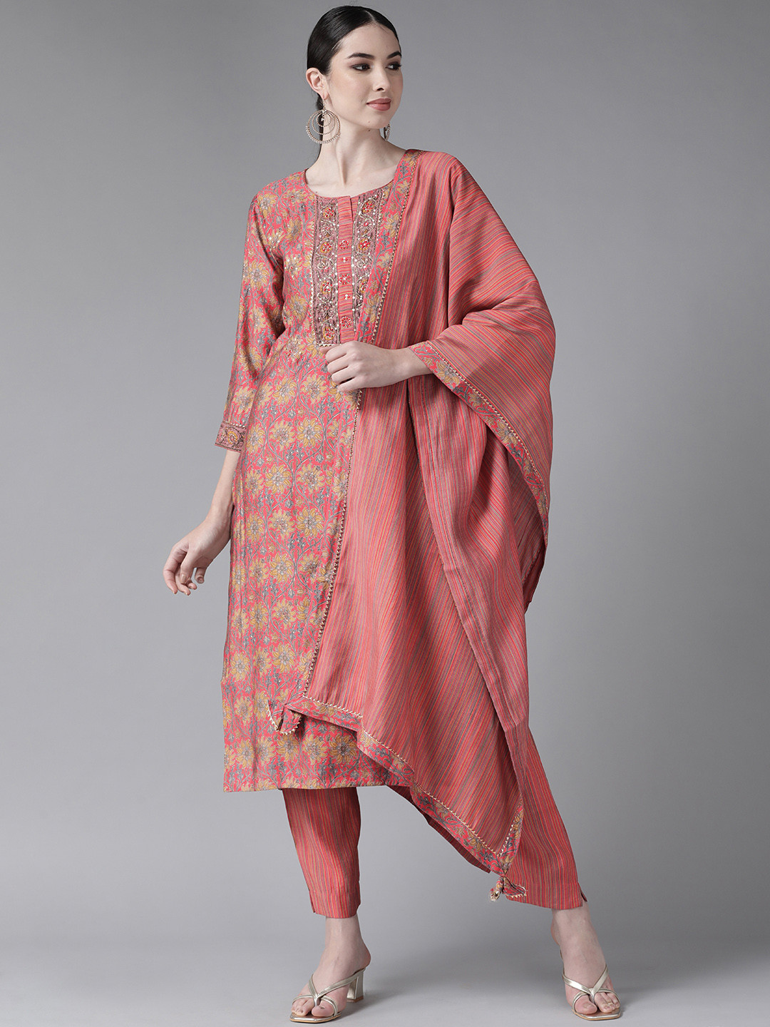

Ishin Women Pink Floral Embroidered Sequinned Kurta with Trousers & With Dupatta