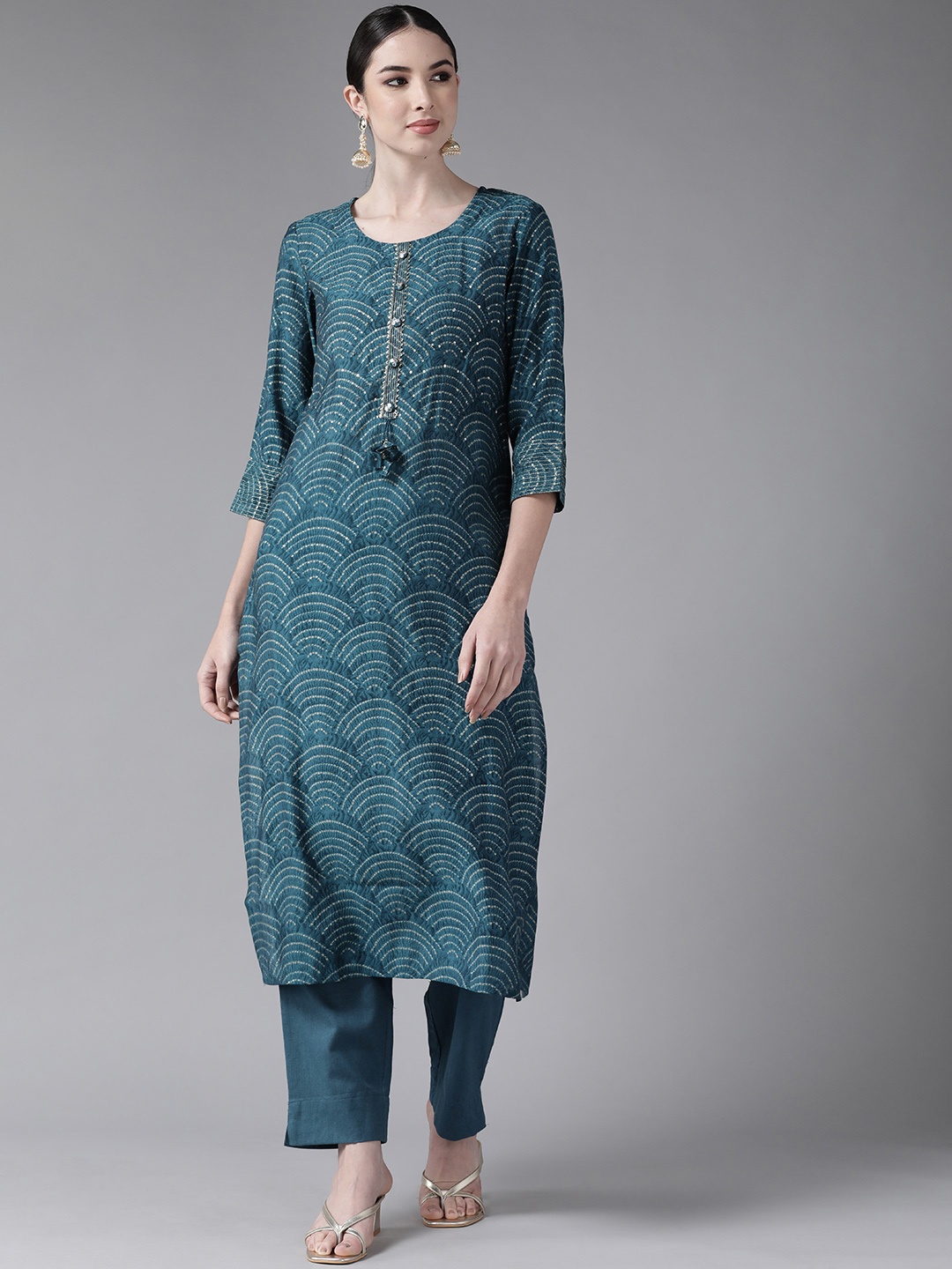 

Ishin Women Teal Blue Bandhani Embroidered Kurta with Trousers