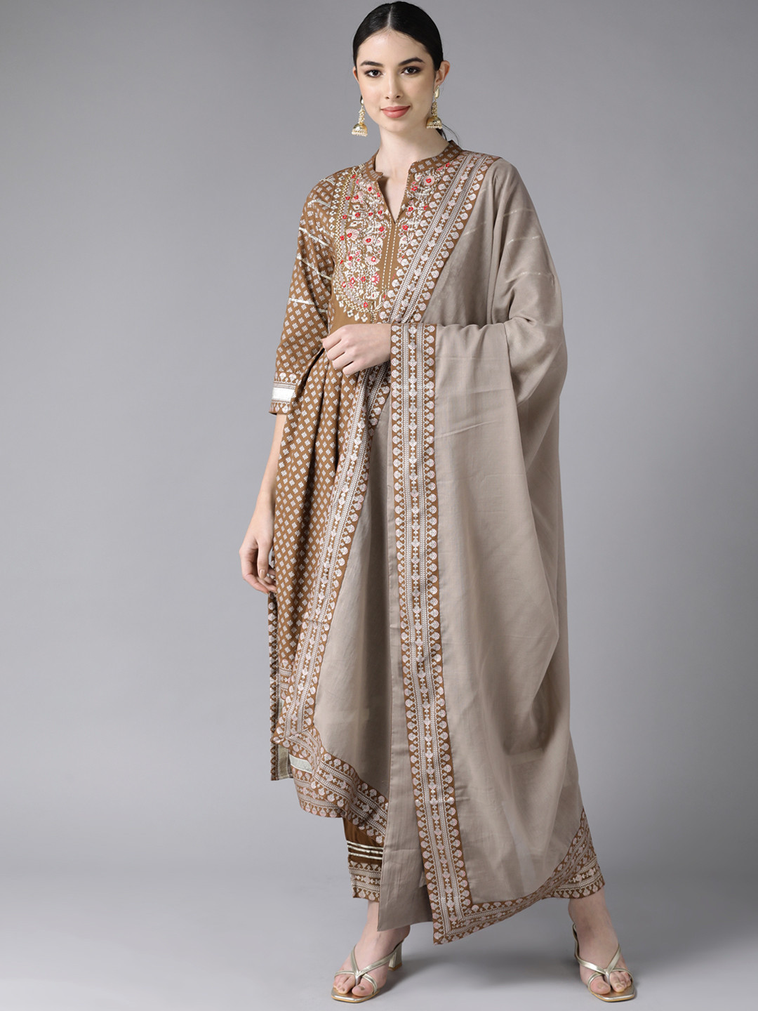 

Ishin Women Brown Ethnic Motifs Embroidered High Slit Gotta Patti Kurta with Trousers & With Dupatta