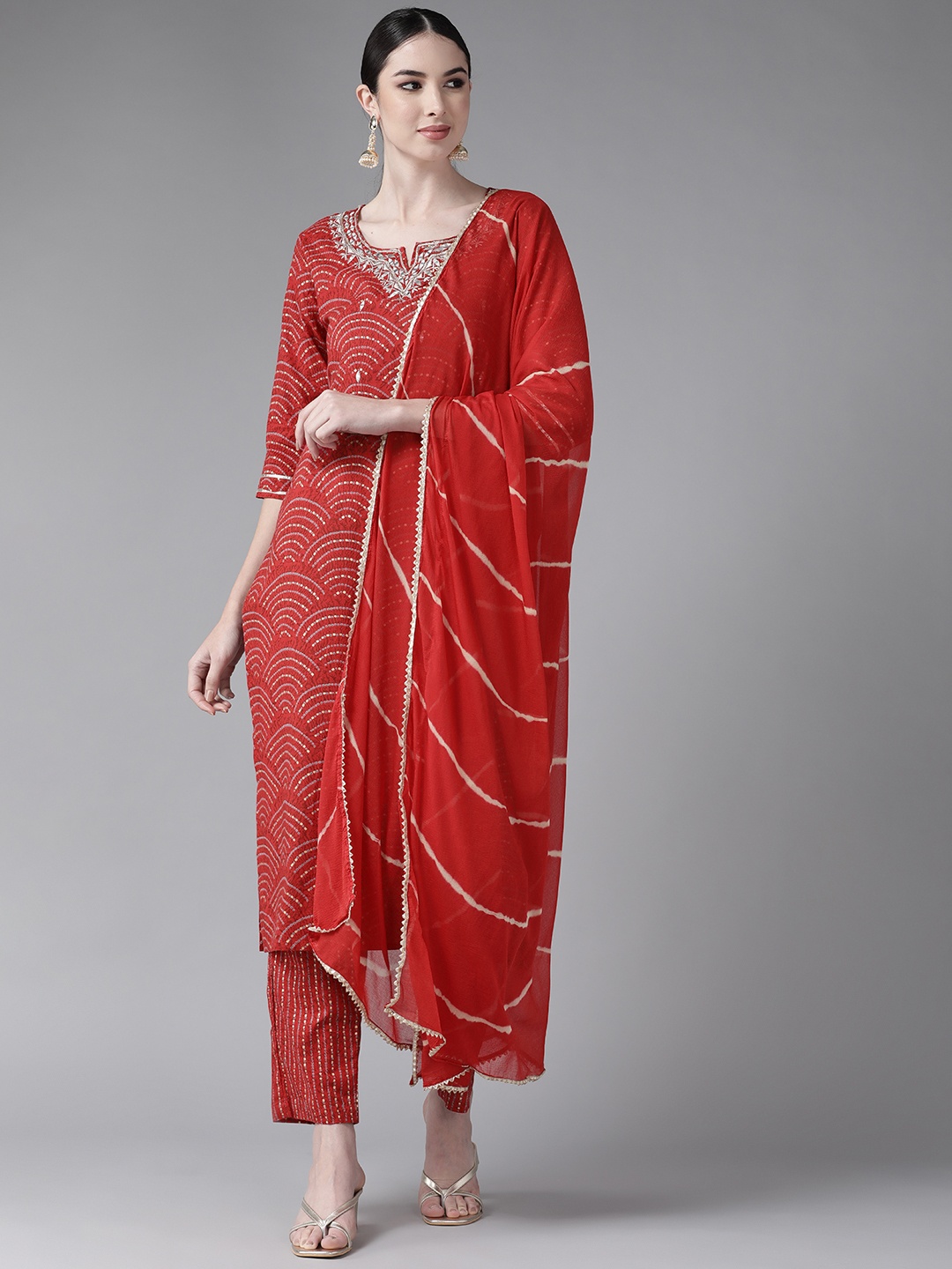 

Ishin Women Red Bandhani Embroidered Kurta with Trousers & With Dupatta
