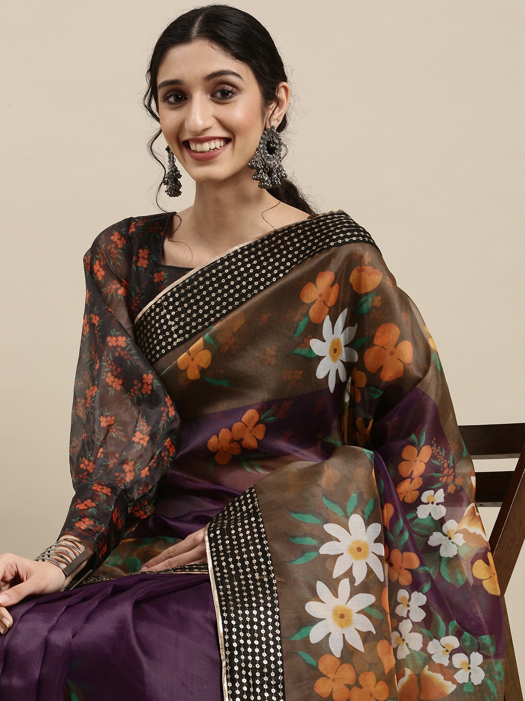 

SHAVYA Purple & Olive Green Floral Sequinned Organza Saree