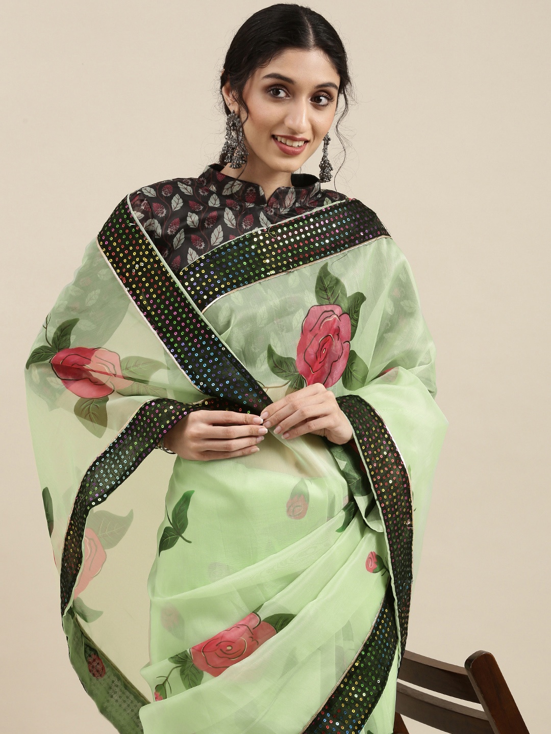

SHAVYA Green Floral Sequinned Organza Saree