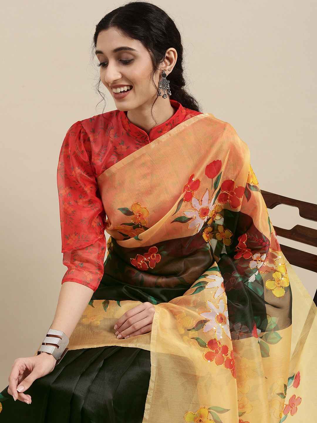 

SHAVYA Black & Beige Floral Sequinned Organza Saree