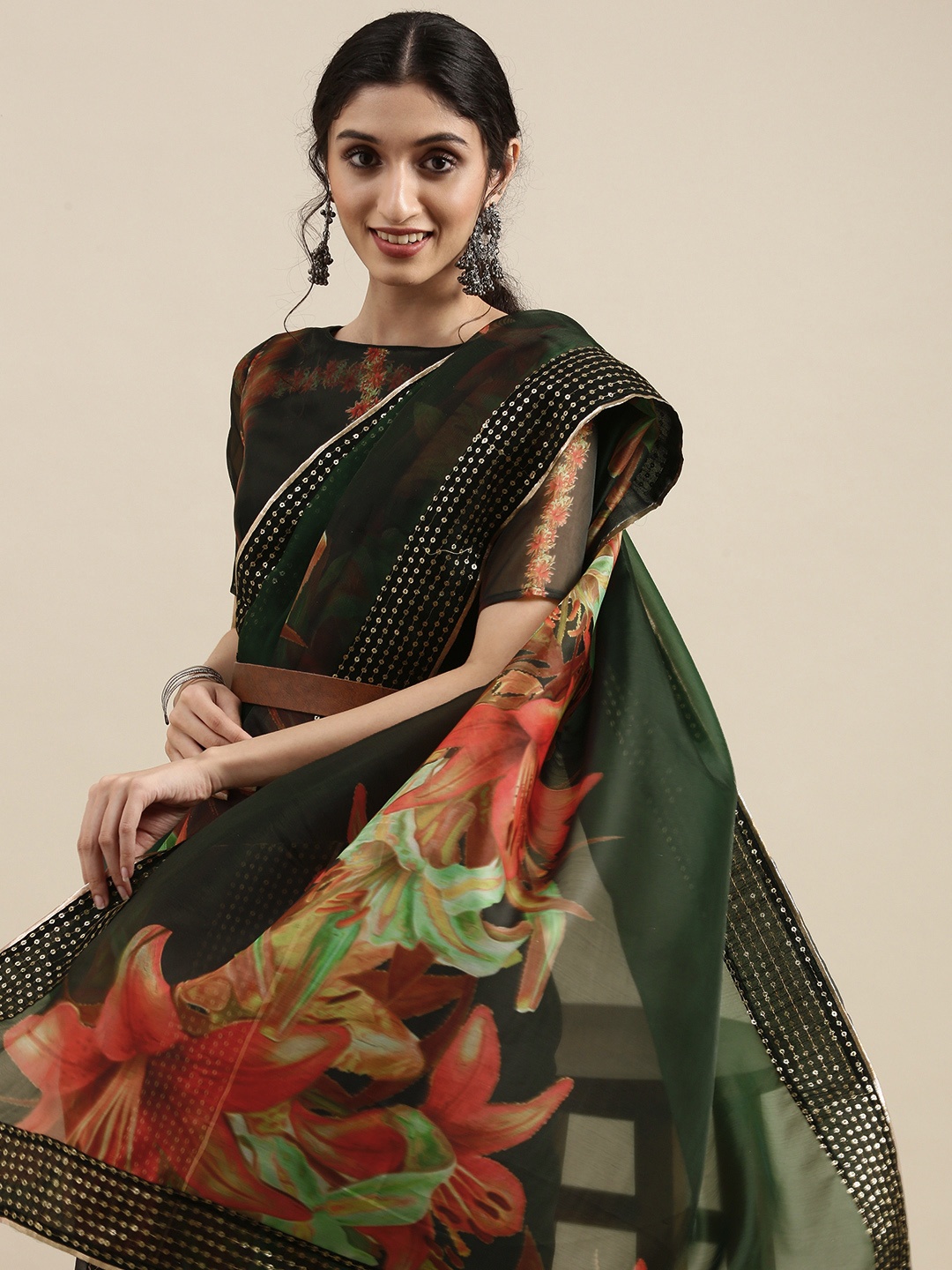 

SHAVYA Green Floral Sequinned Organza Saree