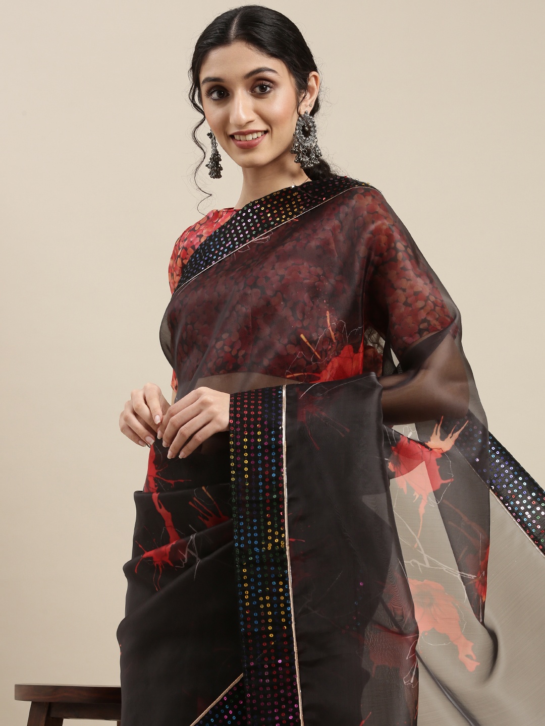 

SHAVYA Black Floral Sequinned Organza Saree