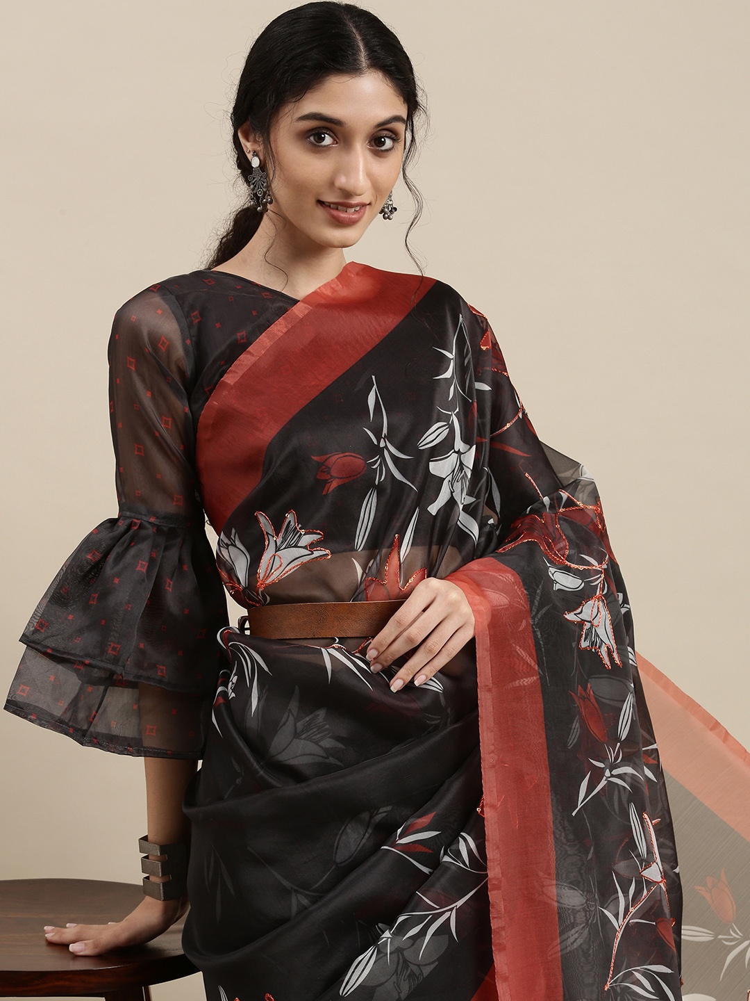 

SHAVYA Black Floral Sequinned Organza Saree