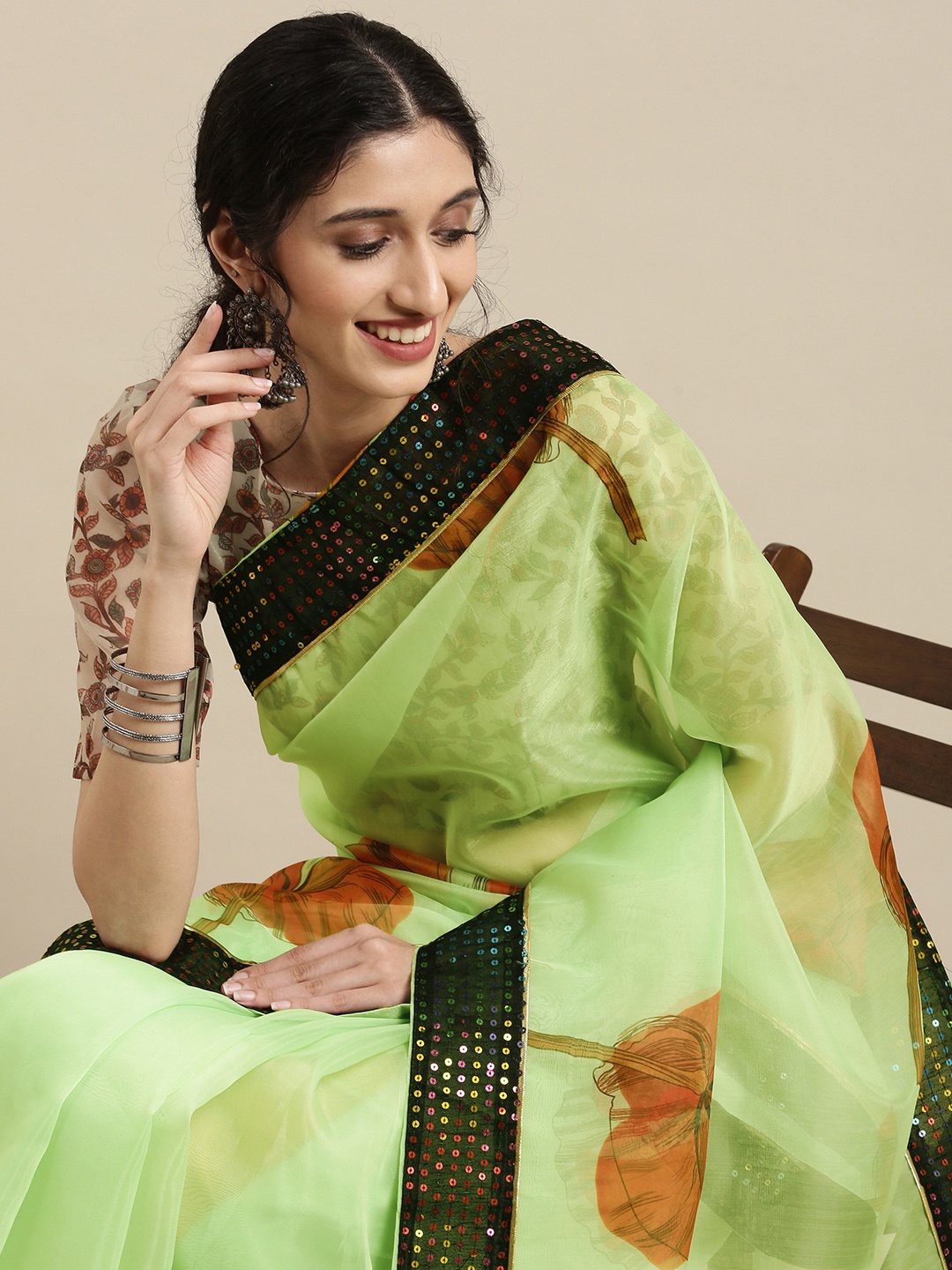 

SHAVYA Green Floral Sequinned Organza Saree