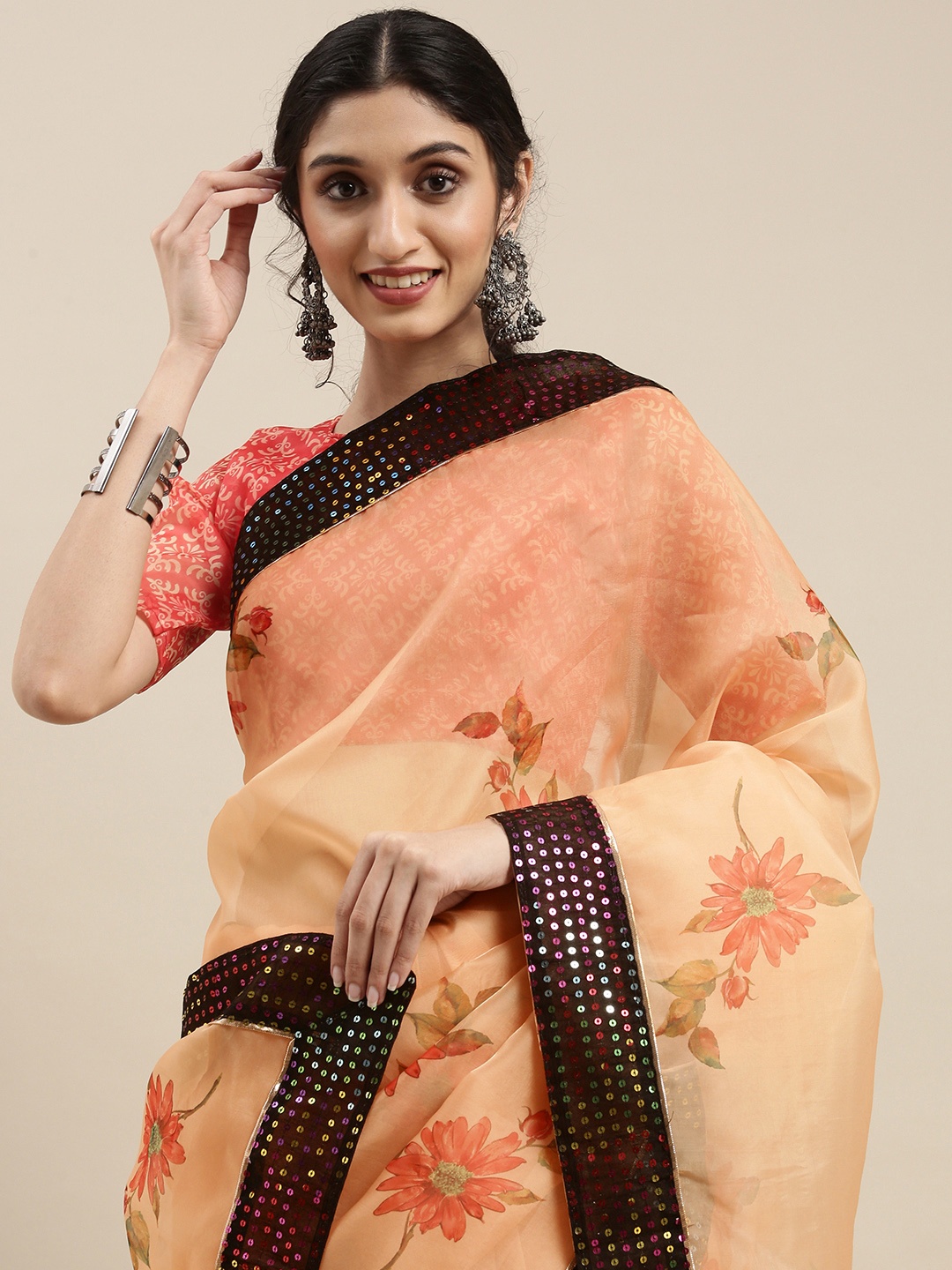 

SHAVYA Orange Floral Sequinned Organza Saree