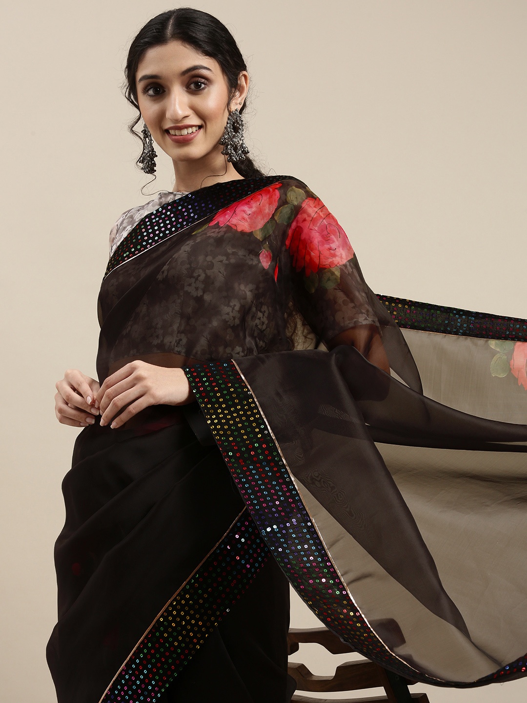 

SHAVYA Black Floral Sequinned Organza Saree
