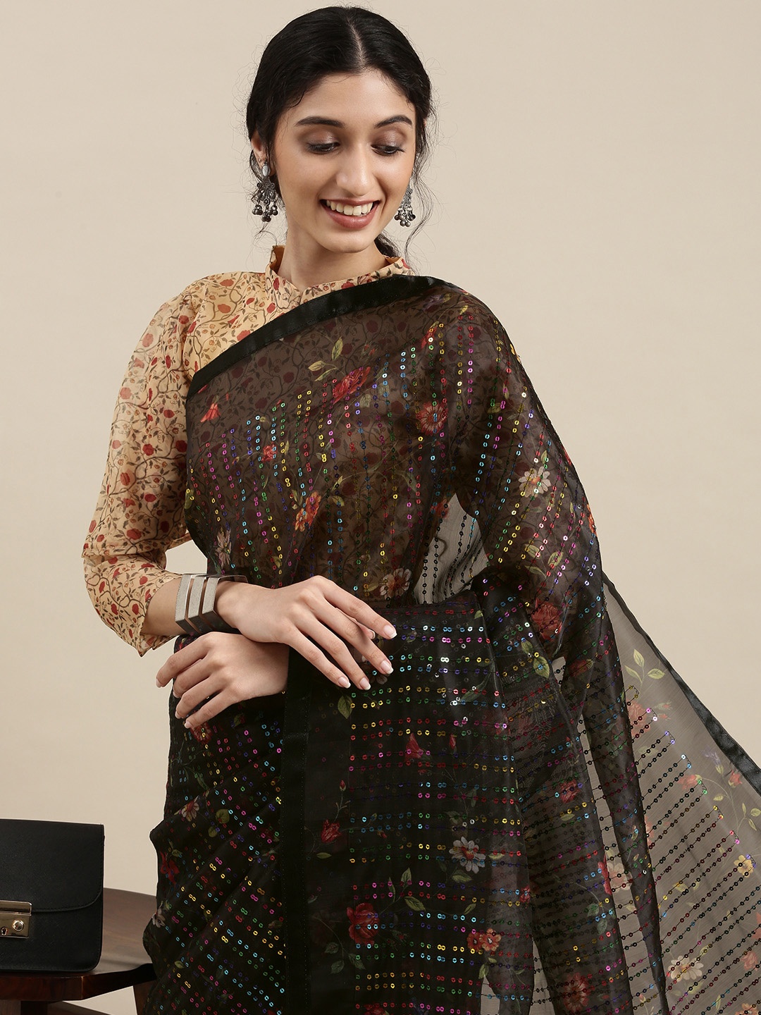 

SHAVYA Black Floral Sequinned Organza Saree