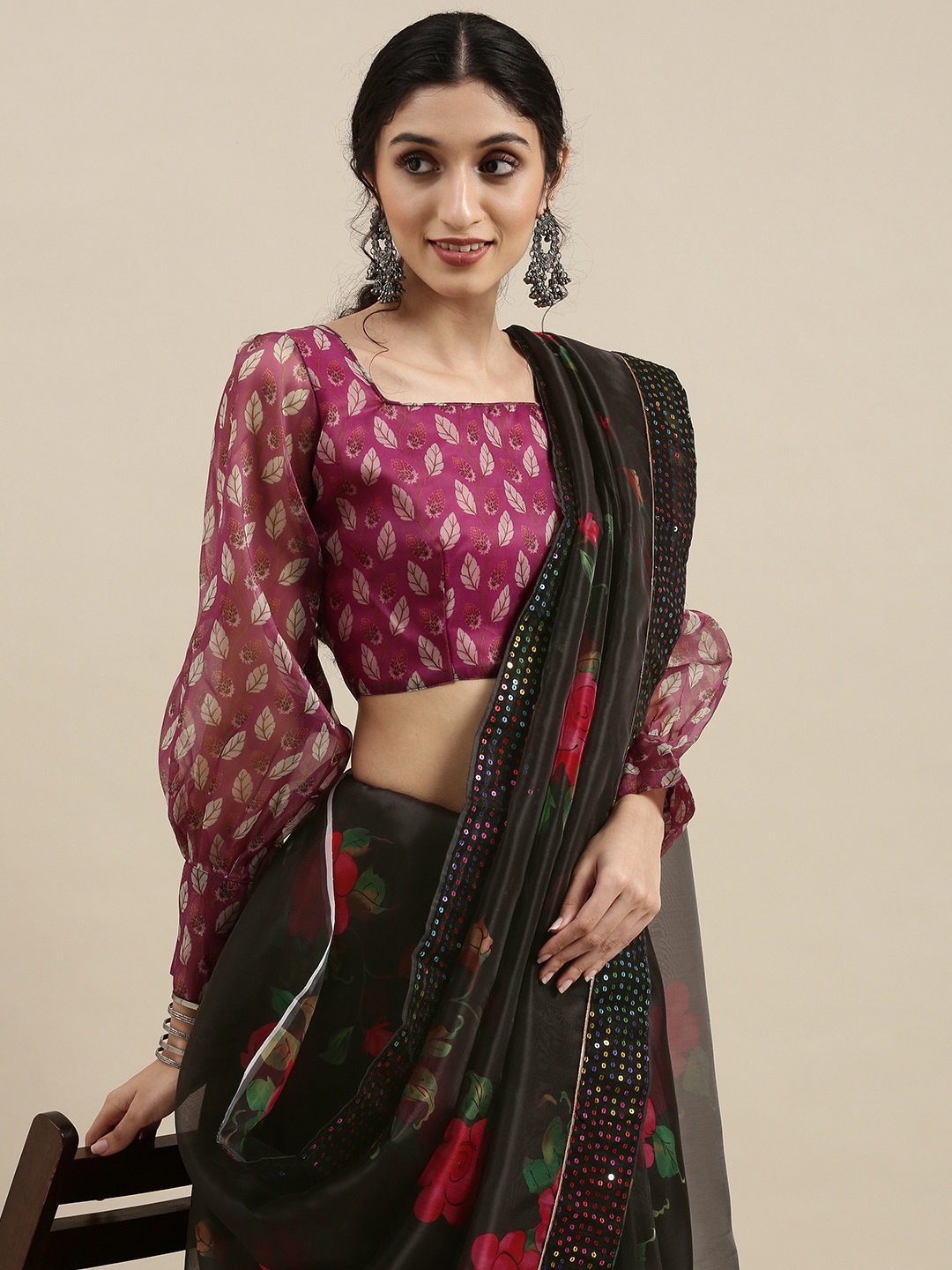 

SHAVYA Black Floral Sequinned Organza Saree
