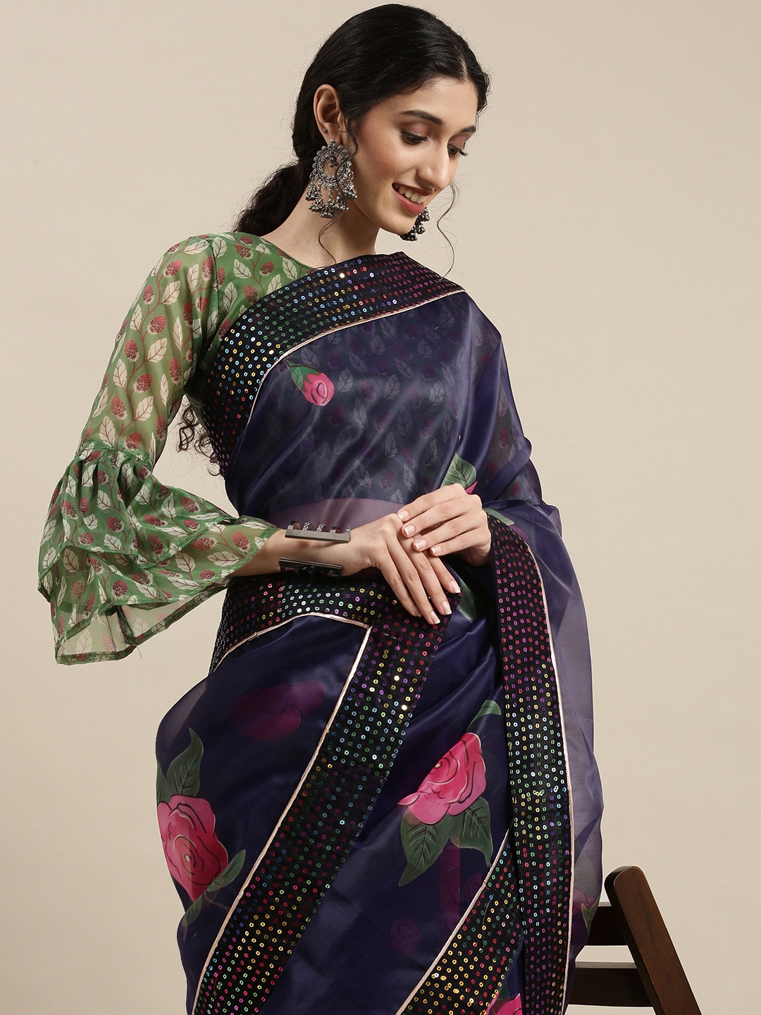 

SHAVYA Blue Floral Sequinned Organza Saree