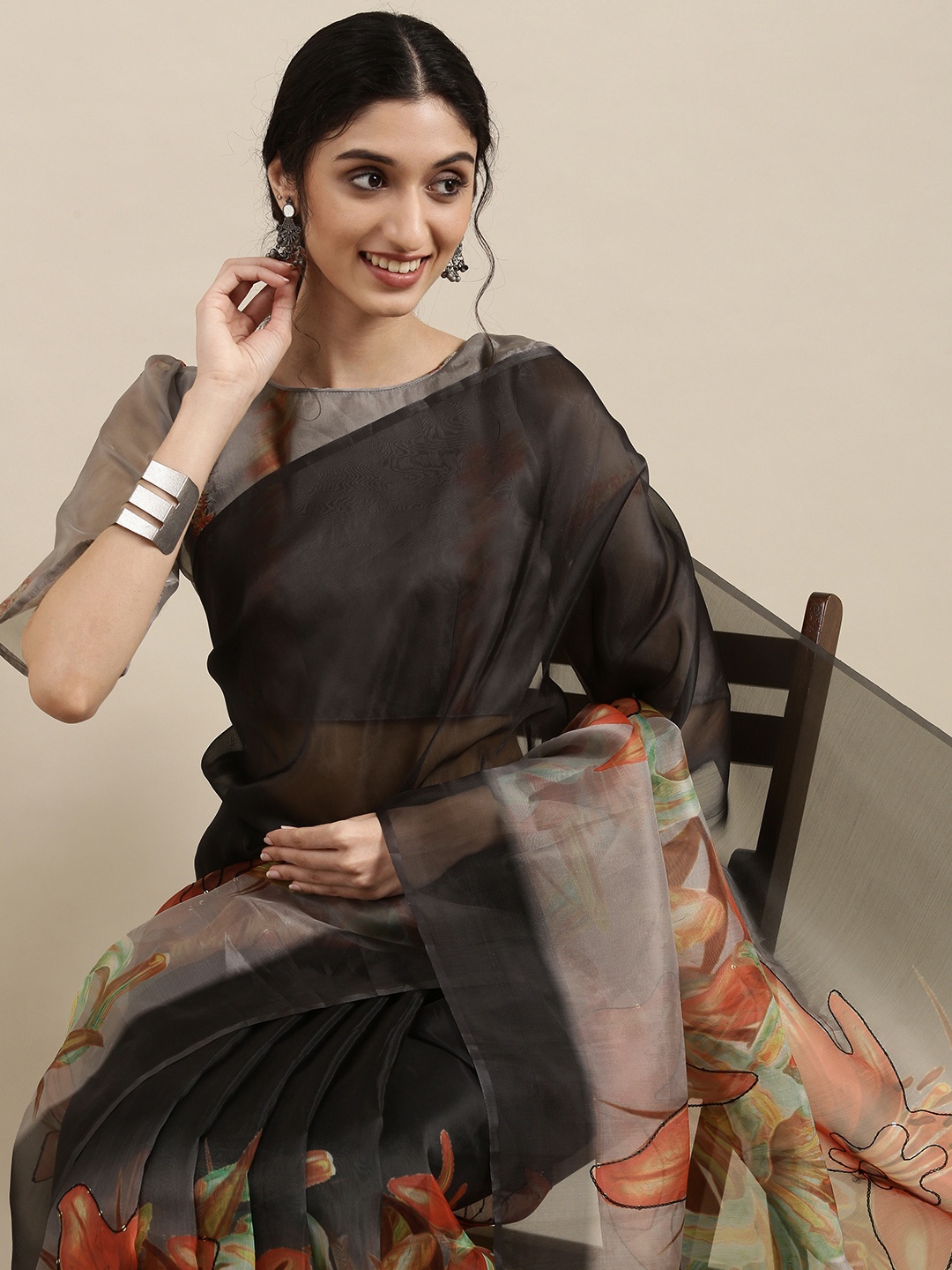 

SHAVYA Black Floral Sequinned Organza Saree