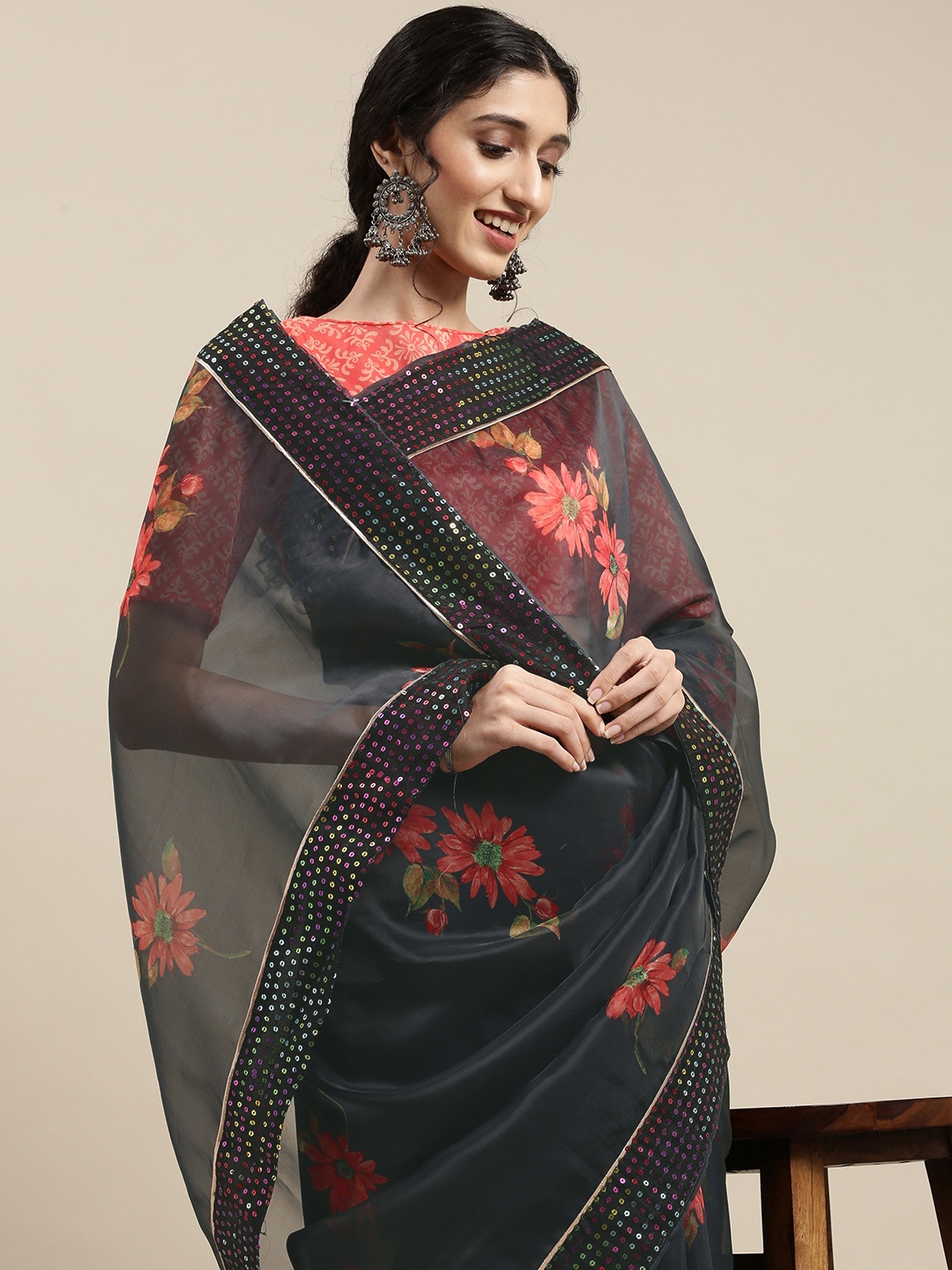

SHAVYA Black Floral Sequinned Organza Saree