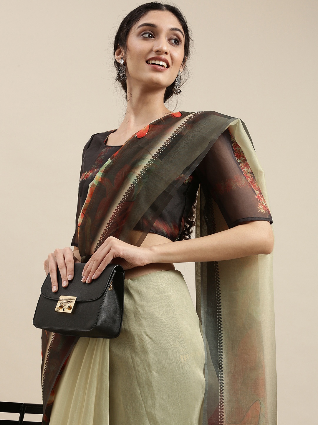 

SHAVYA Green & Black Floral Sequinned Organza Saree